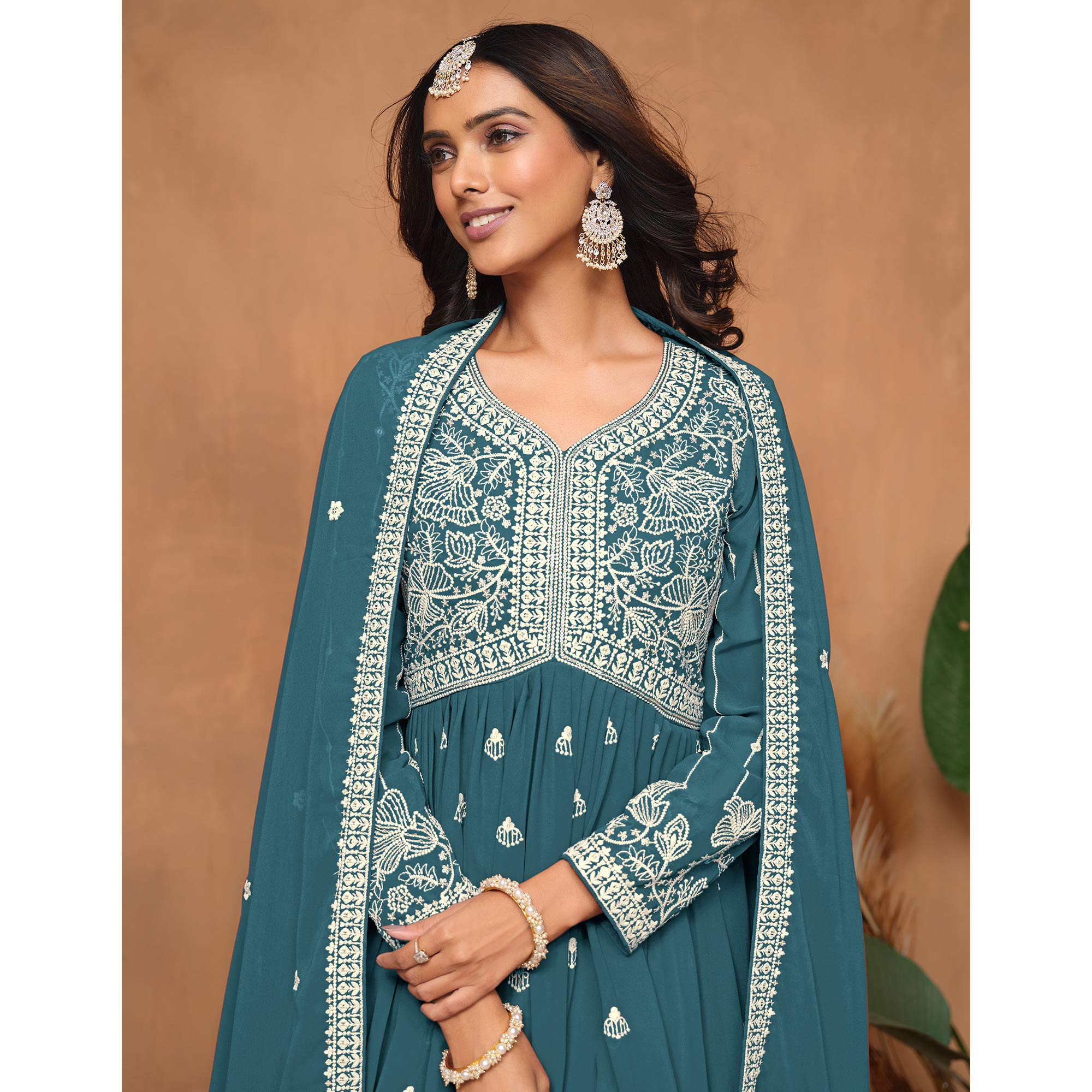 Teal Floral Embroidered Georgette Semi Stitched Suit