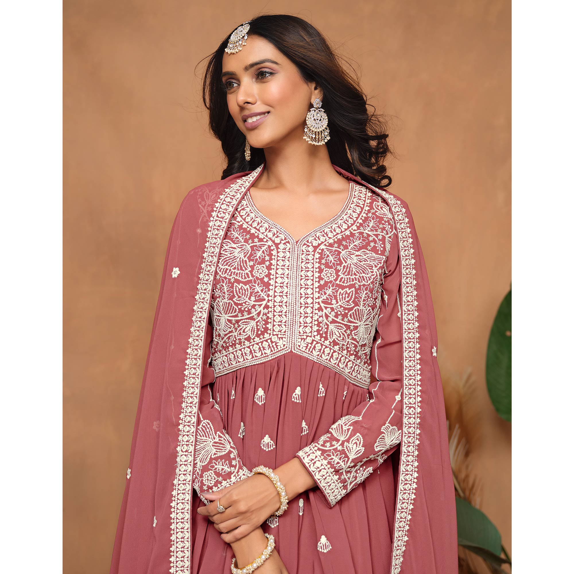 Mauve Floral Embroidered Georgette Semi Stitched Suit