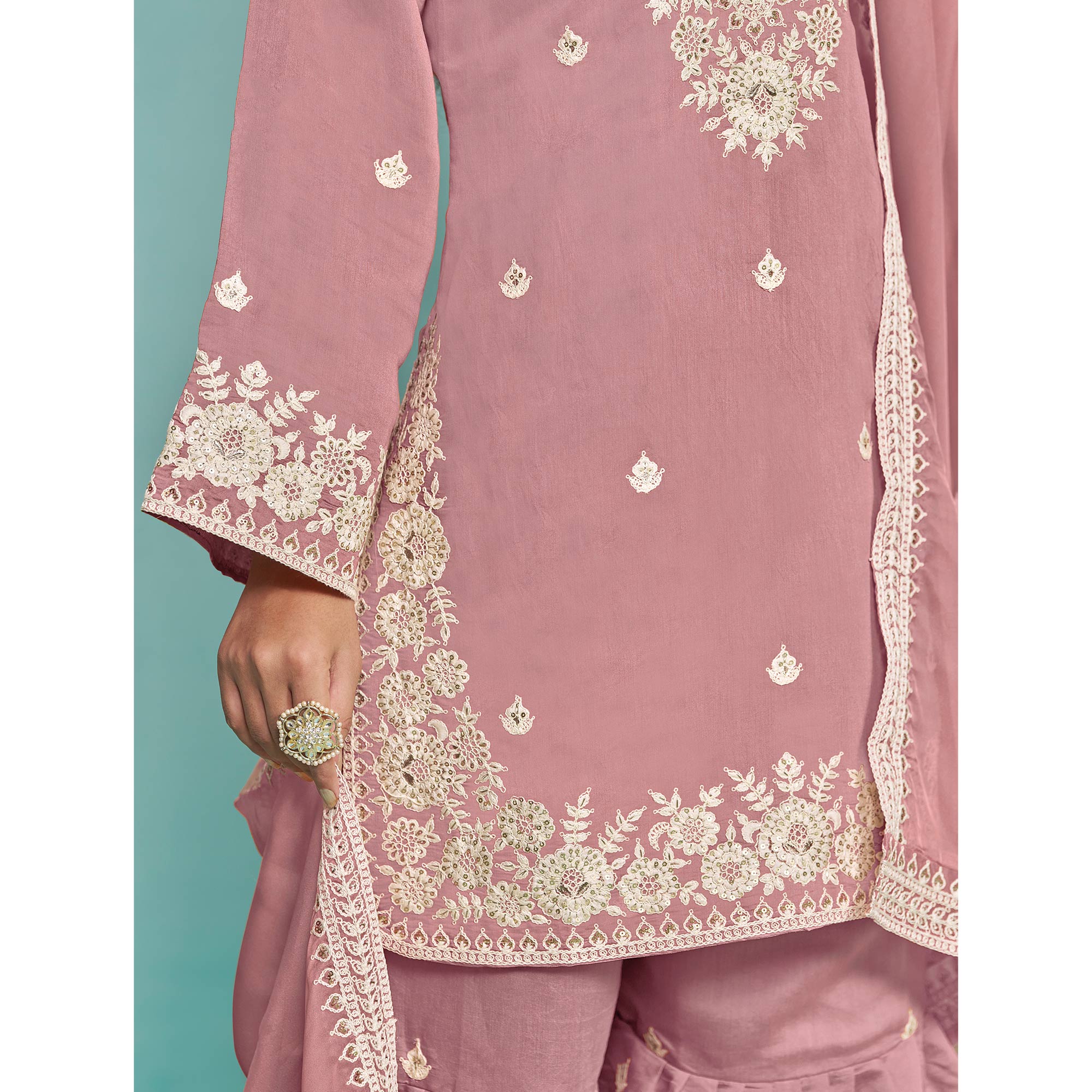 Pink Floral Sequins Embroidered Chanderi Semi Stitched Sharara Suit
