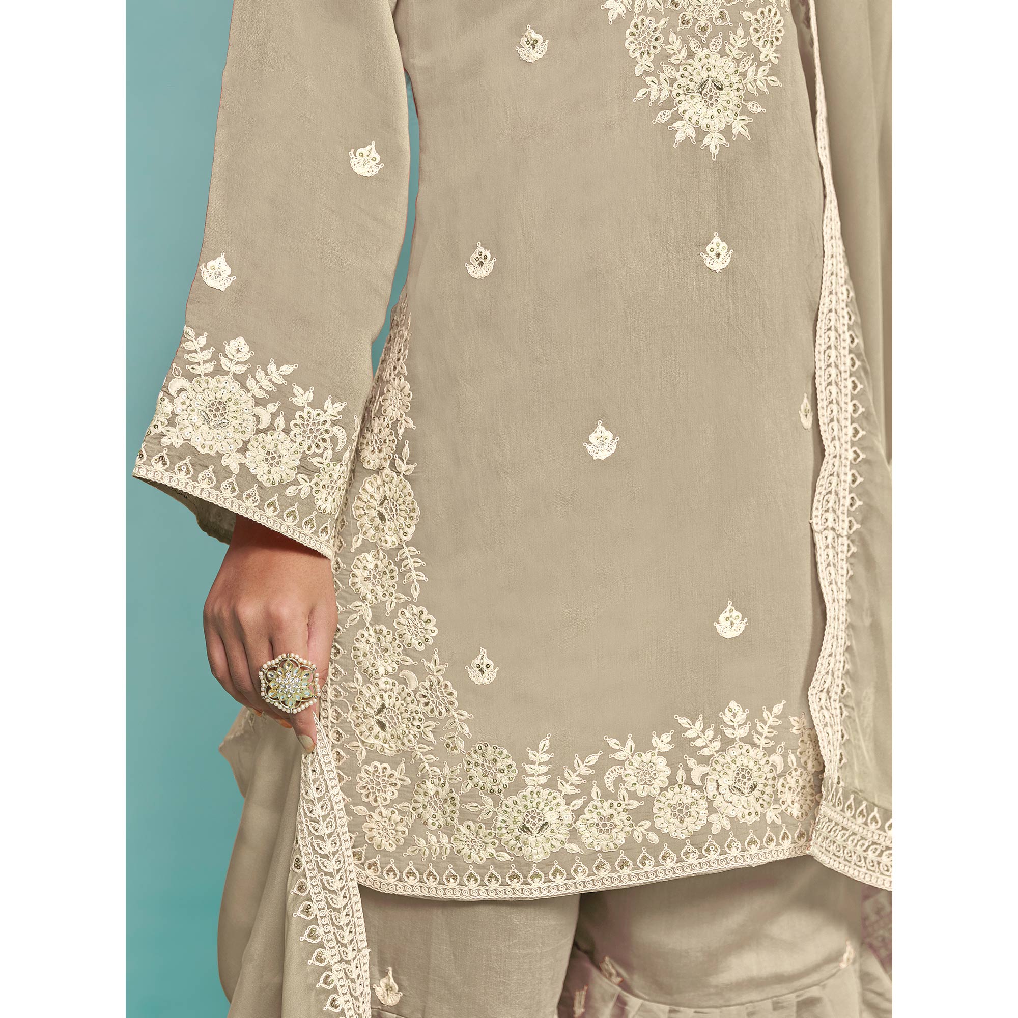 Cream Floral Sequins Embroidered Chanderi Semi Stitched Sharara Suit