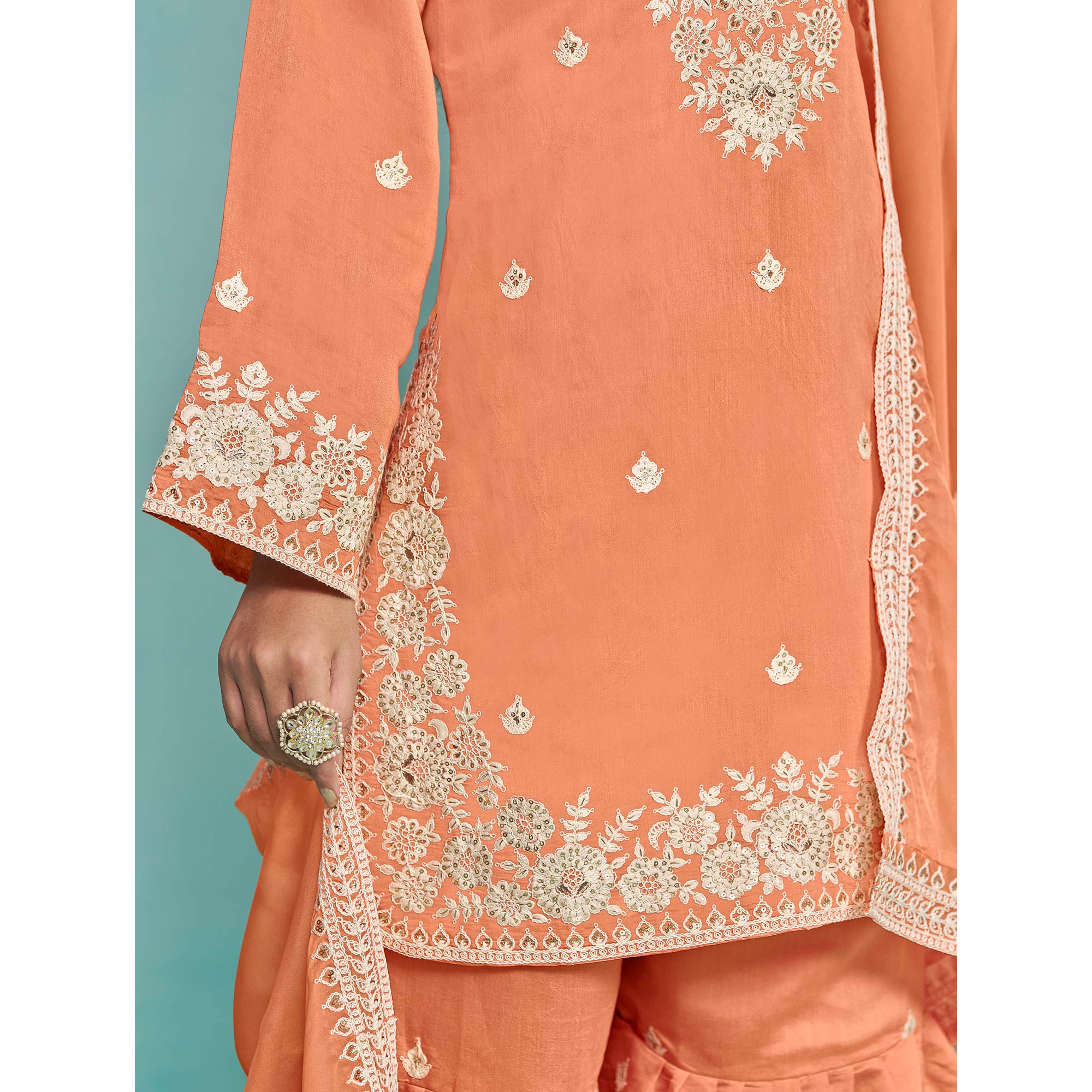 Orange Floral Sequins Embroidered Chanderi Semi Stitched Sharara Suit