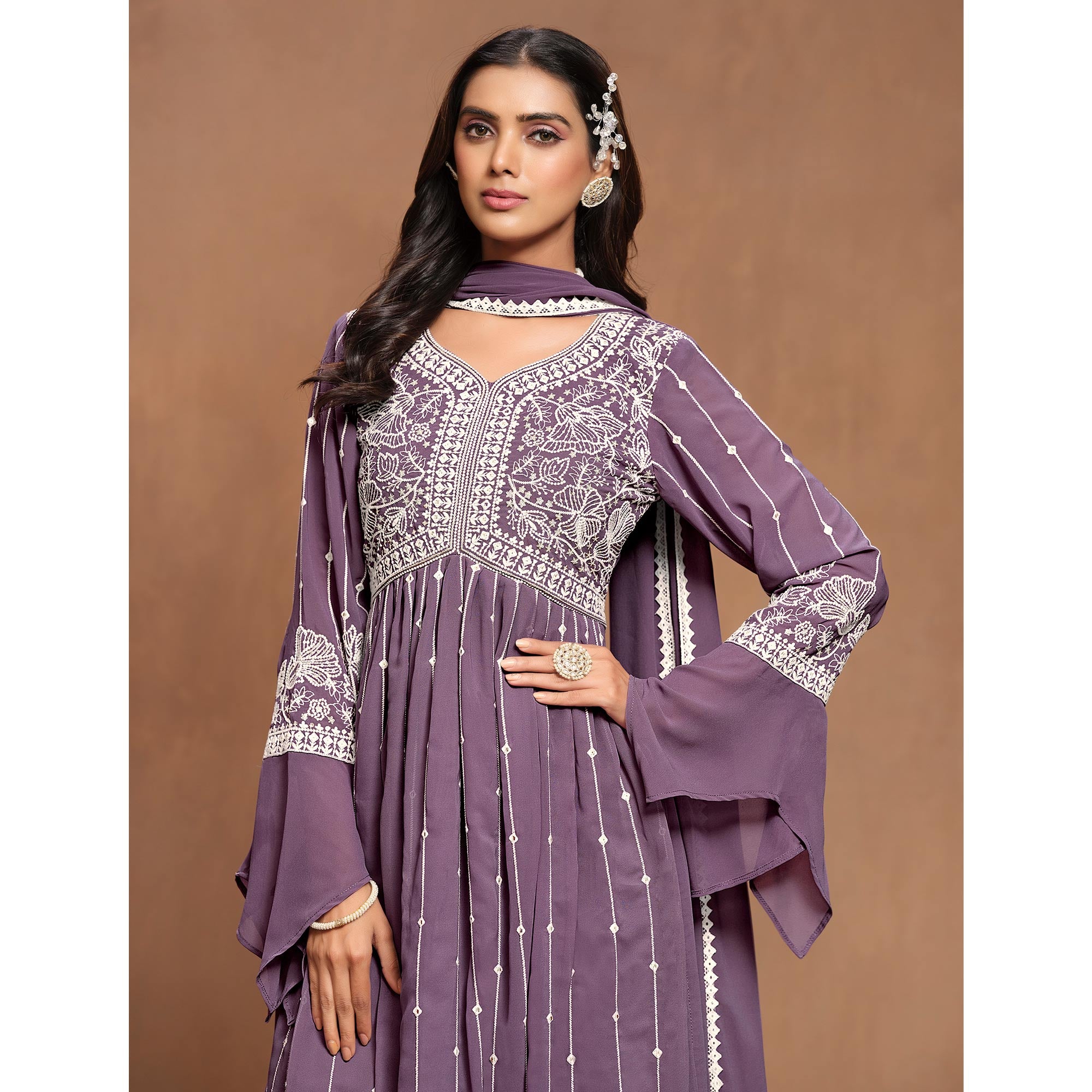 Purple Floral Embroidered Georgette Semi Stitched Alia Cut Sharara Suit