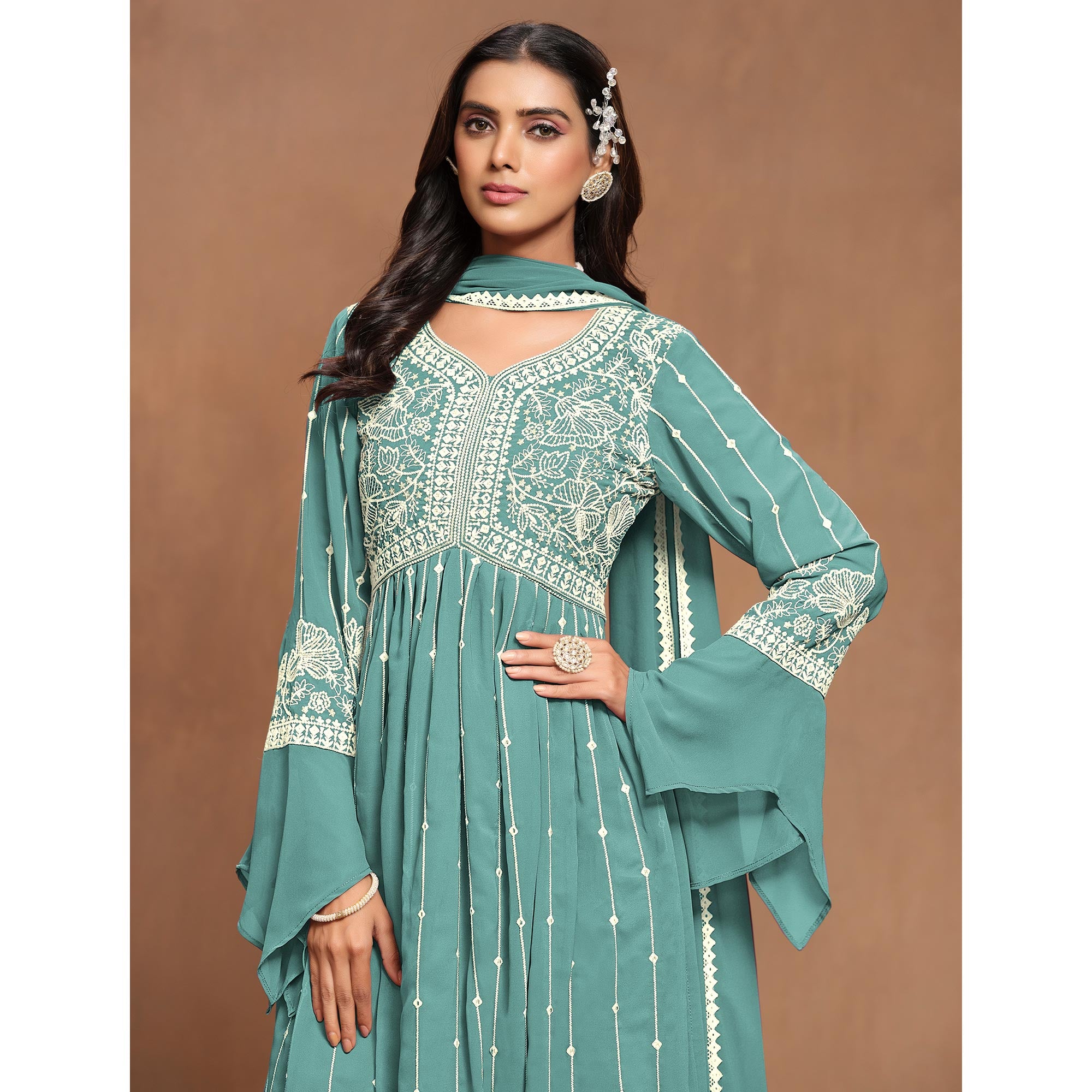 Sky Blue Floral Embroidered Georgette Semi Stitched Alia Cut Sharara Suit
