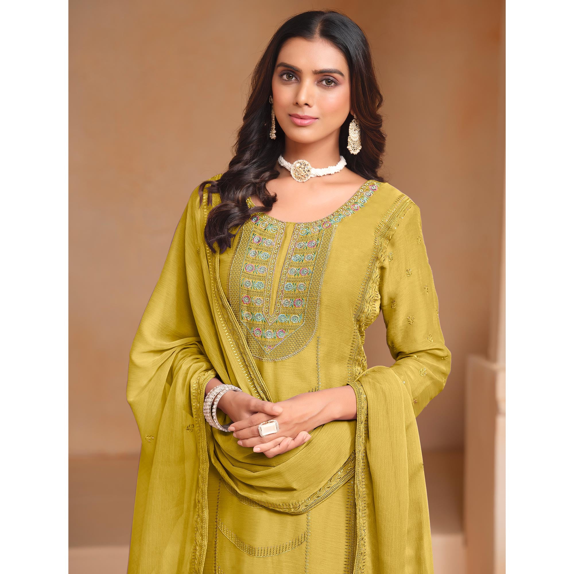 Yellow Floral Embroidered Organza Semi Stitched Salwar Suit