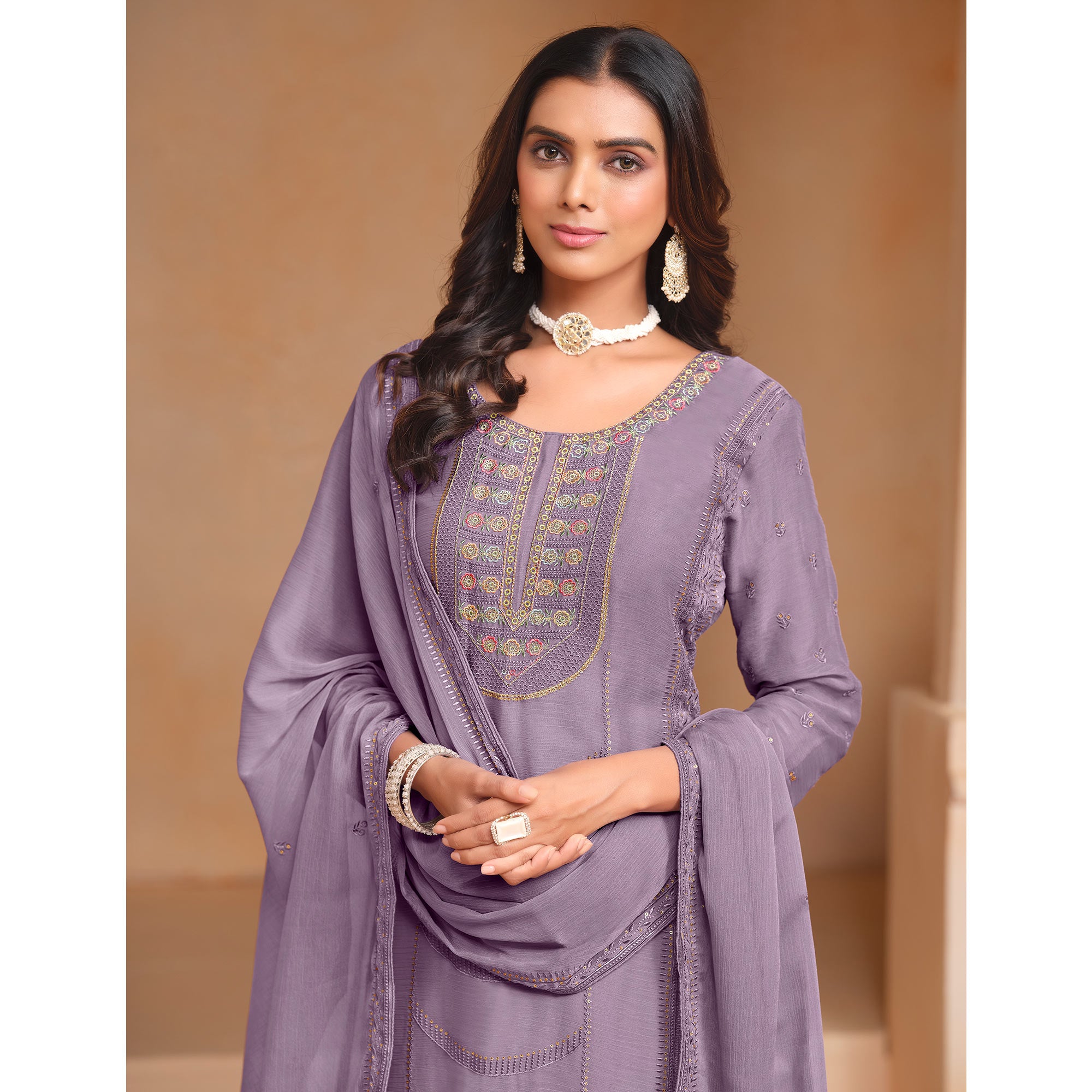 Lavender Floral Embroidered Organza Semi Stitched Salwar Suit