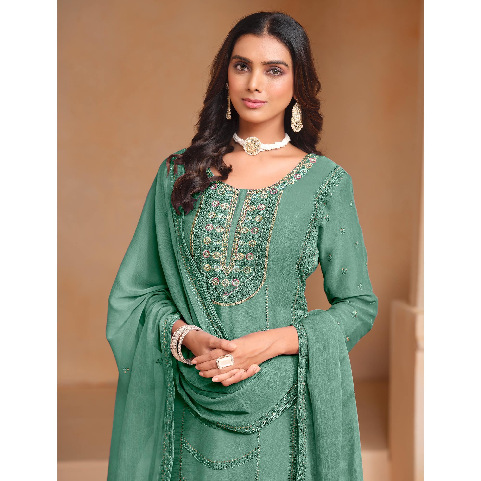 Green Floral Embroidered Organza Semi Stitched Salwar Suit
