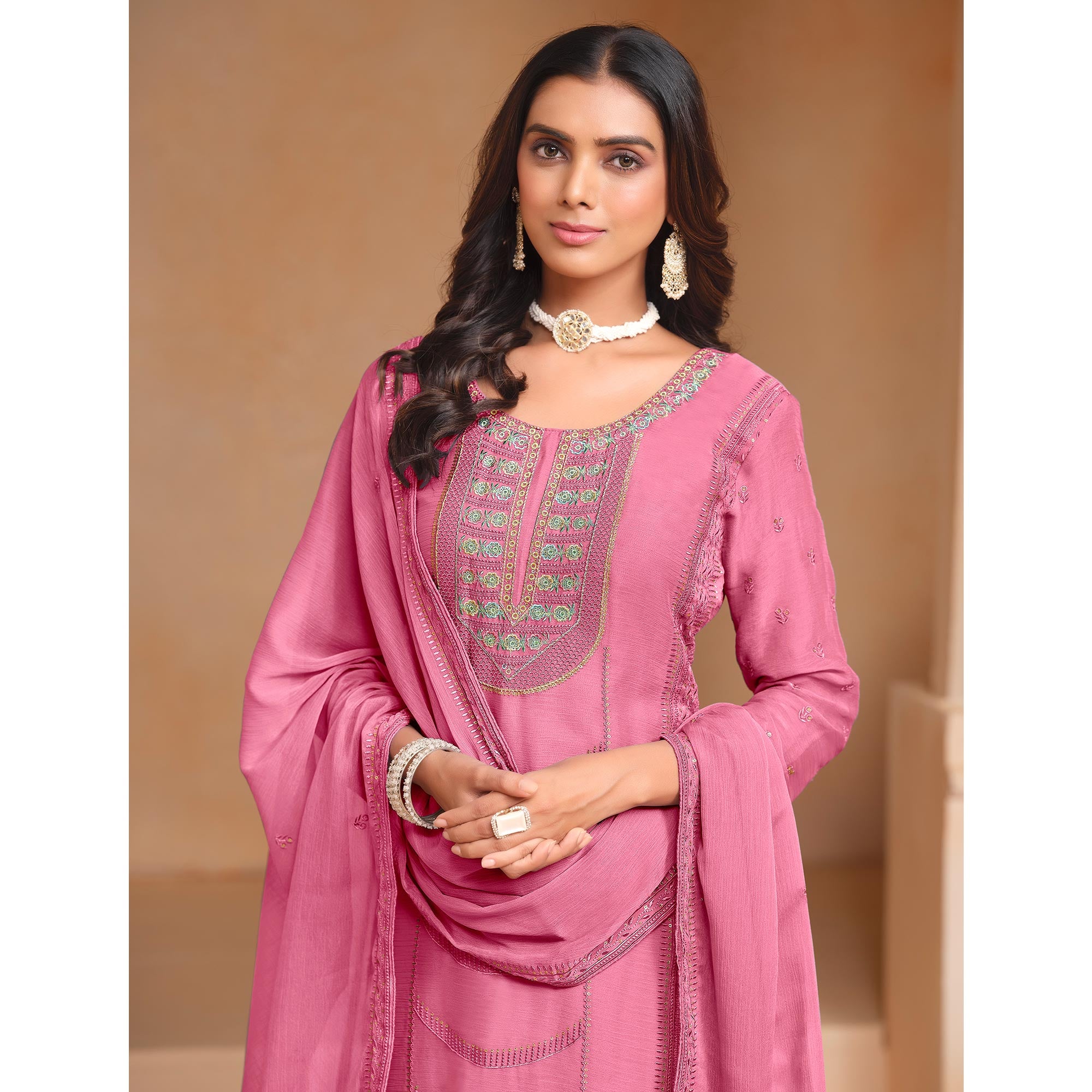 Pink Floral Embroidered Organza Semi Stitched Salwar Suit