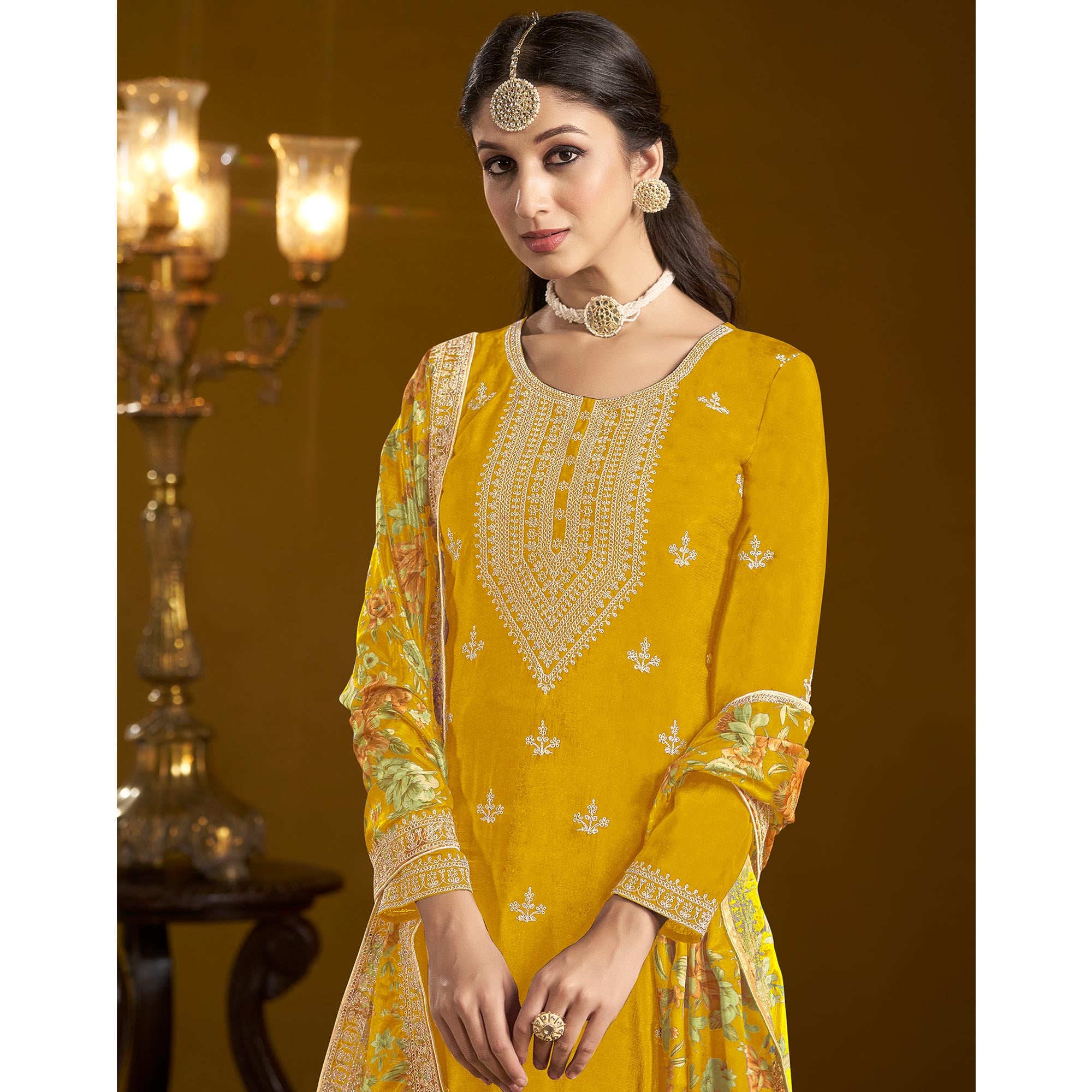 Mustard Floral Embroidered Chinon Semi Stitched Salwar Suit