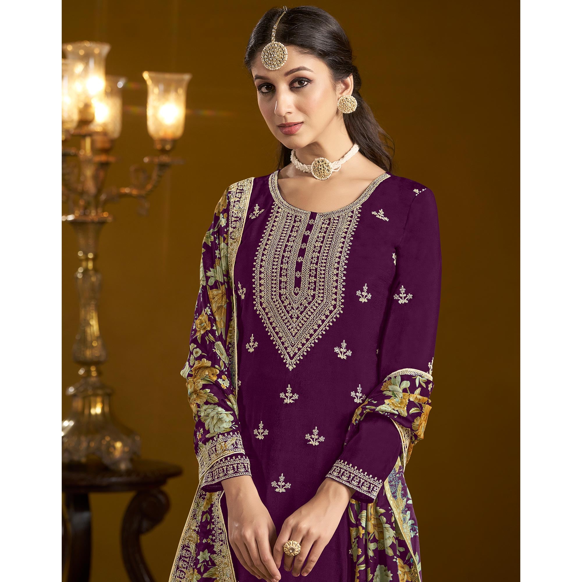 Purple Floral Embroidered Chinon Semi Stitched Salwar Suit