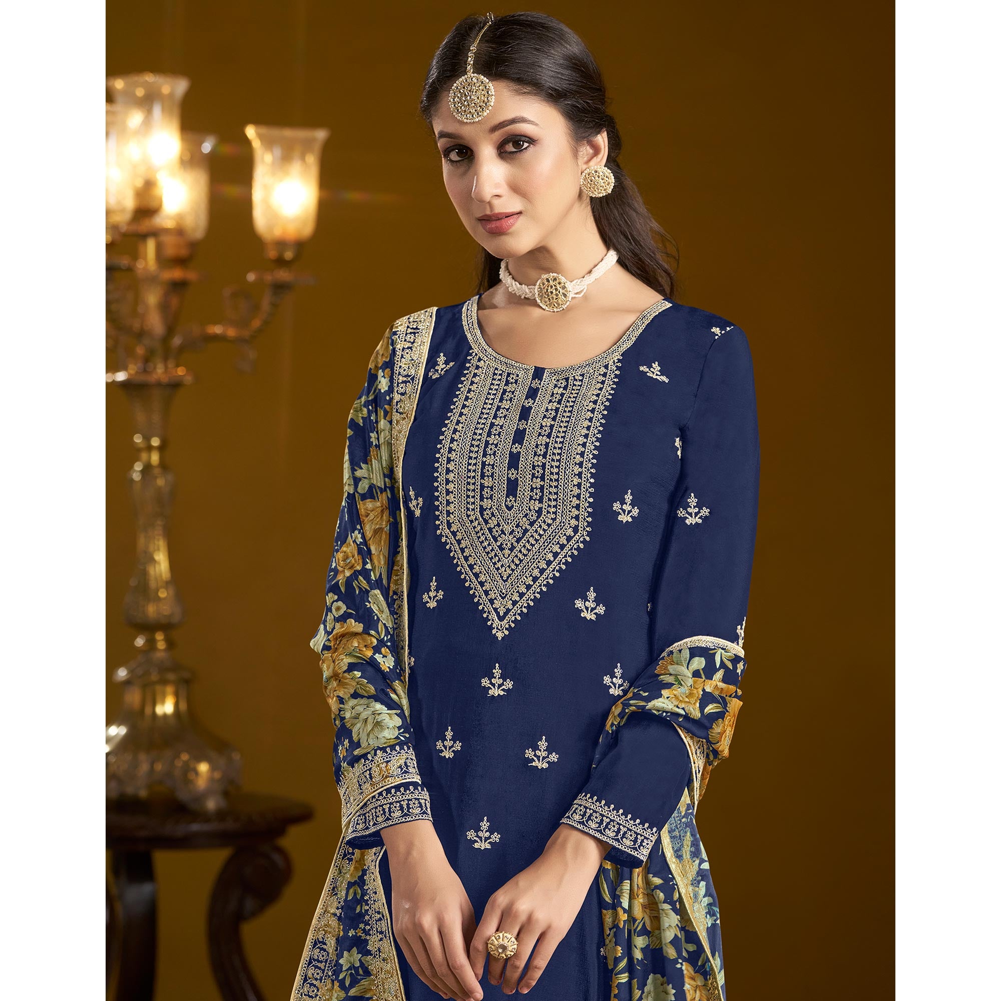 Blue Floral Embroidered Chinon Semi Stitched Salwar Suit