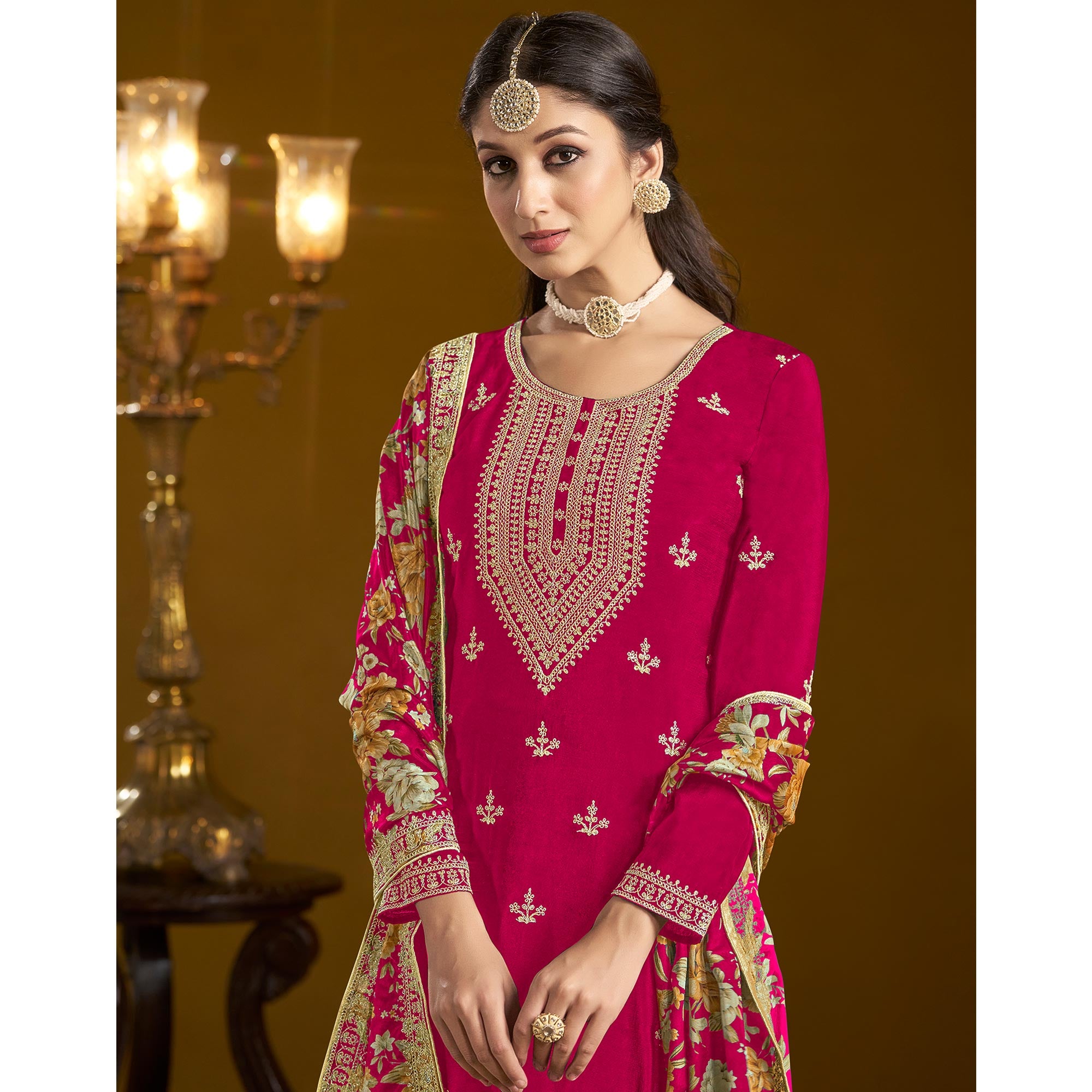 Pink Floral Embroidered Chinon Semi Stitched Salwar Suit