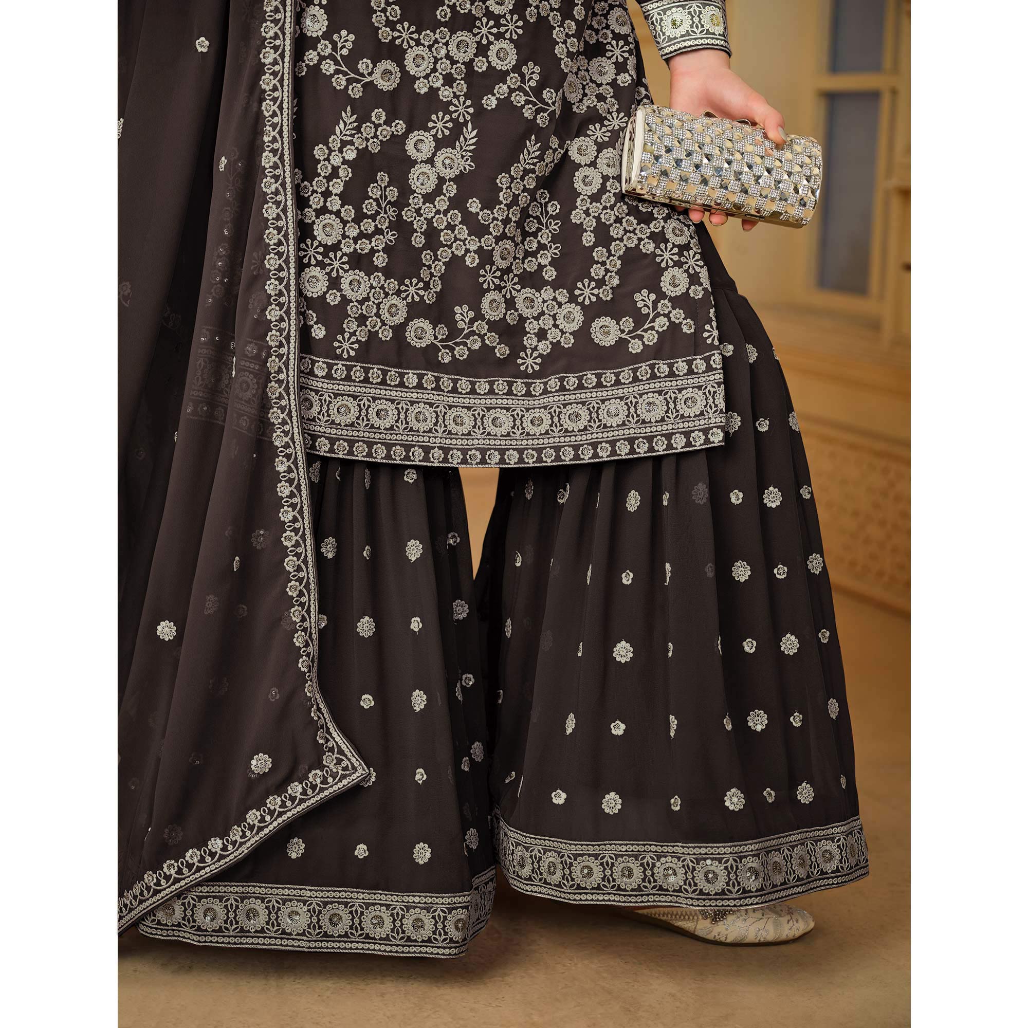 Dark Grey Floral Embroidered Georgette Semi Stitched Sharara Suit