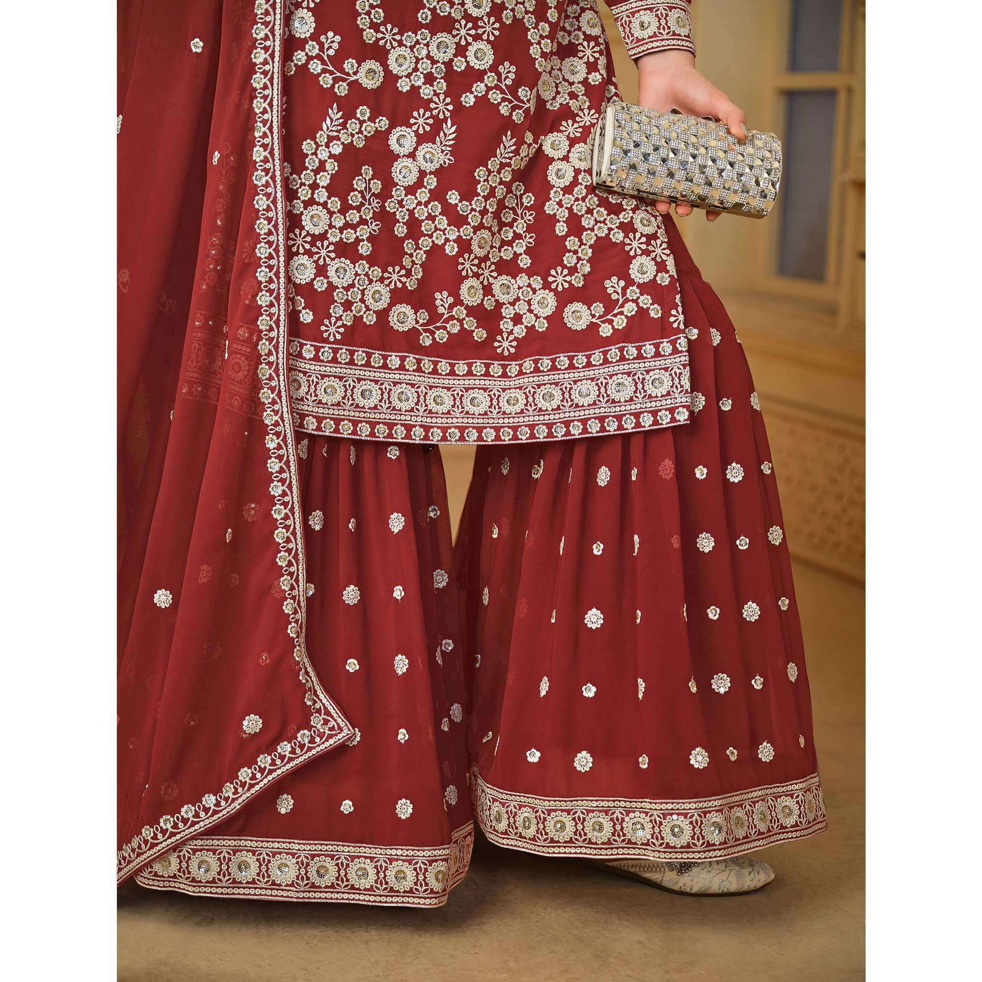 Rust Floral Embroidered Georgette Semi Stitched Sharara Suit