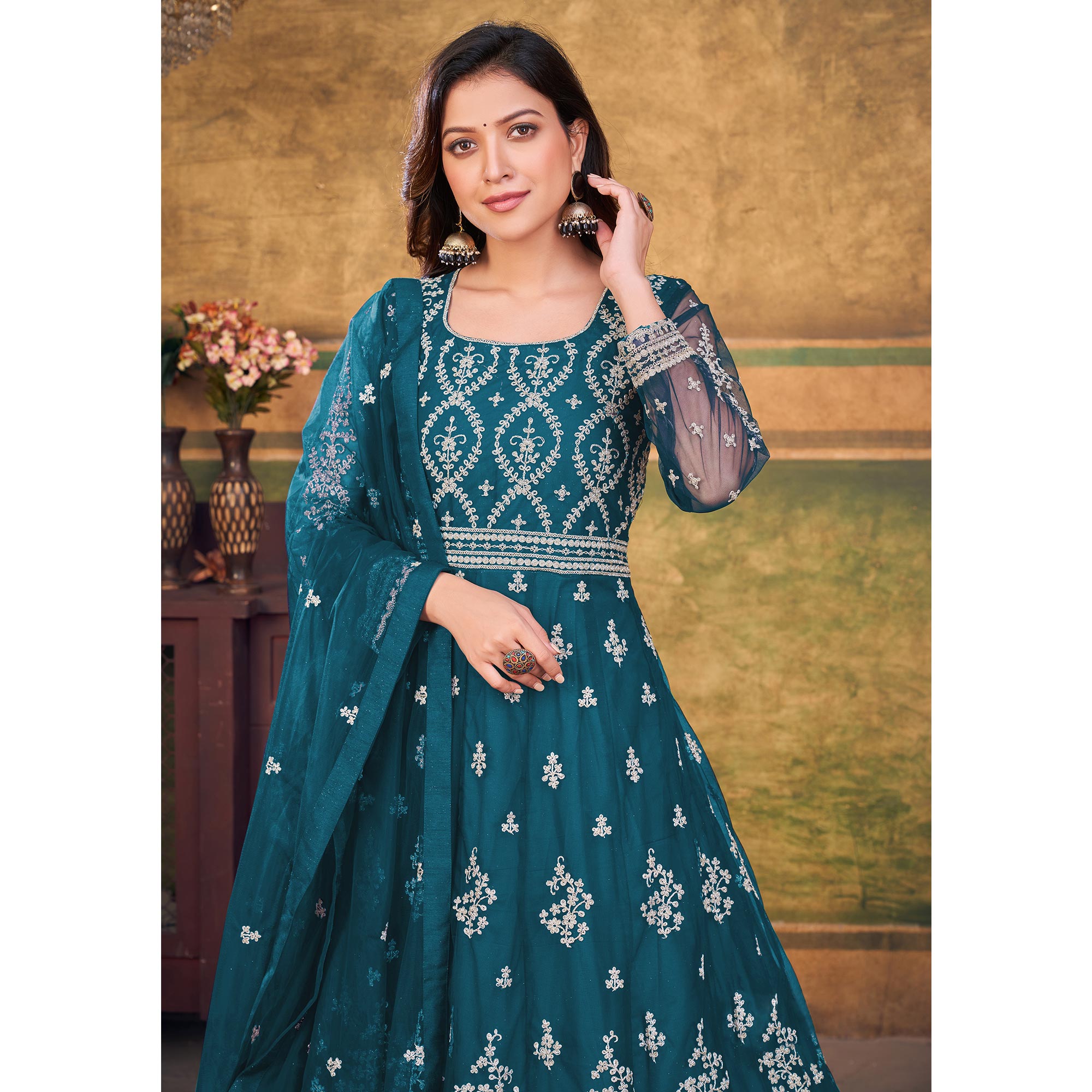 Rama Blue Embroidered Net Semi Stitched Anarkali Suit