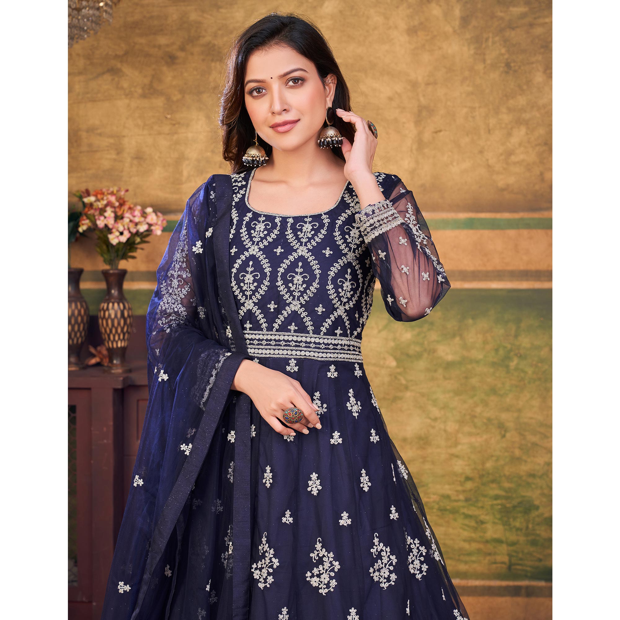 Blue Embroidered Net Semi Stitched Anarkali Suit