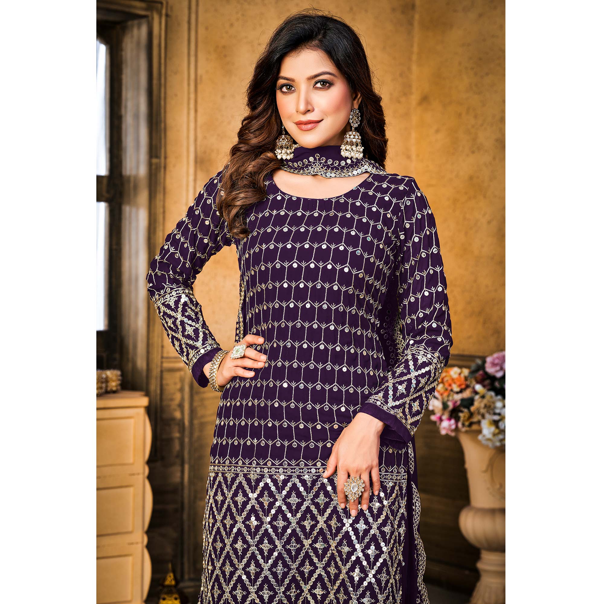 Purple Sequins Embroidered Georgette Semi Stitched Suit