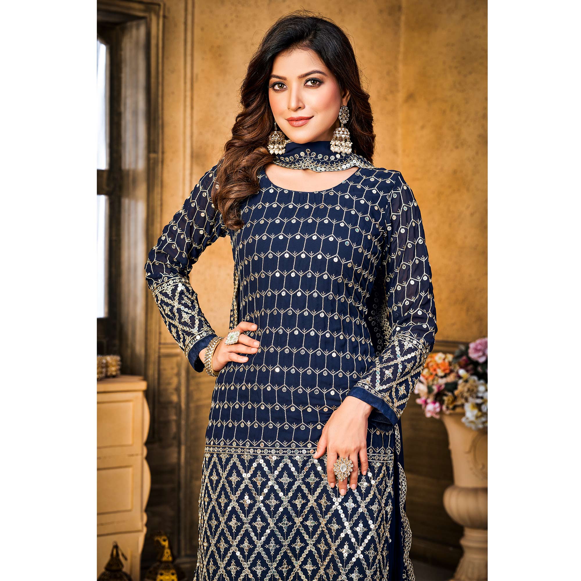 Blue Sequins Embroidered Georgette Semi Stitched Suit