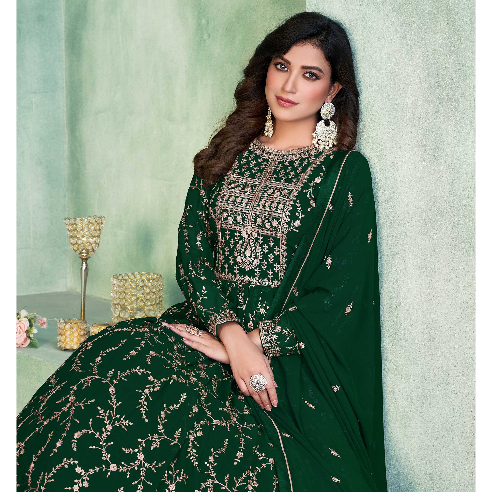 Green Embroidered Georgette Semi Stitched Anarkali Suit