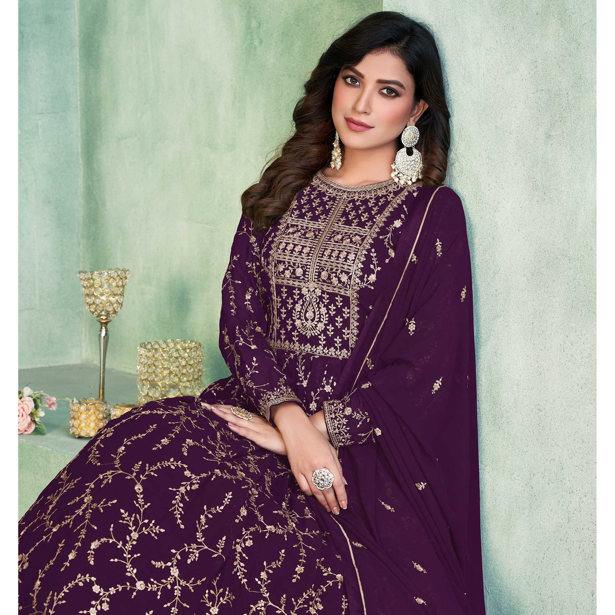 Purple Embroidered Georgette Semi Stitched Anarkali Suit