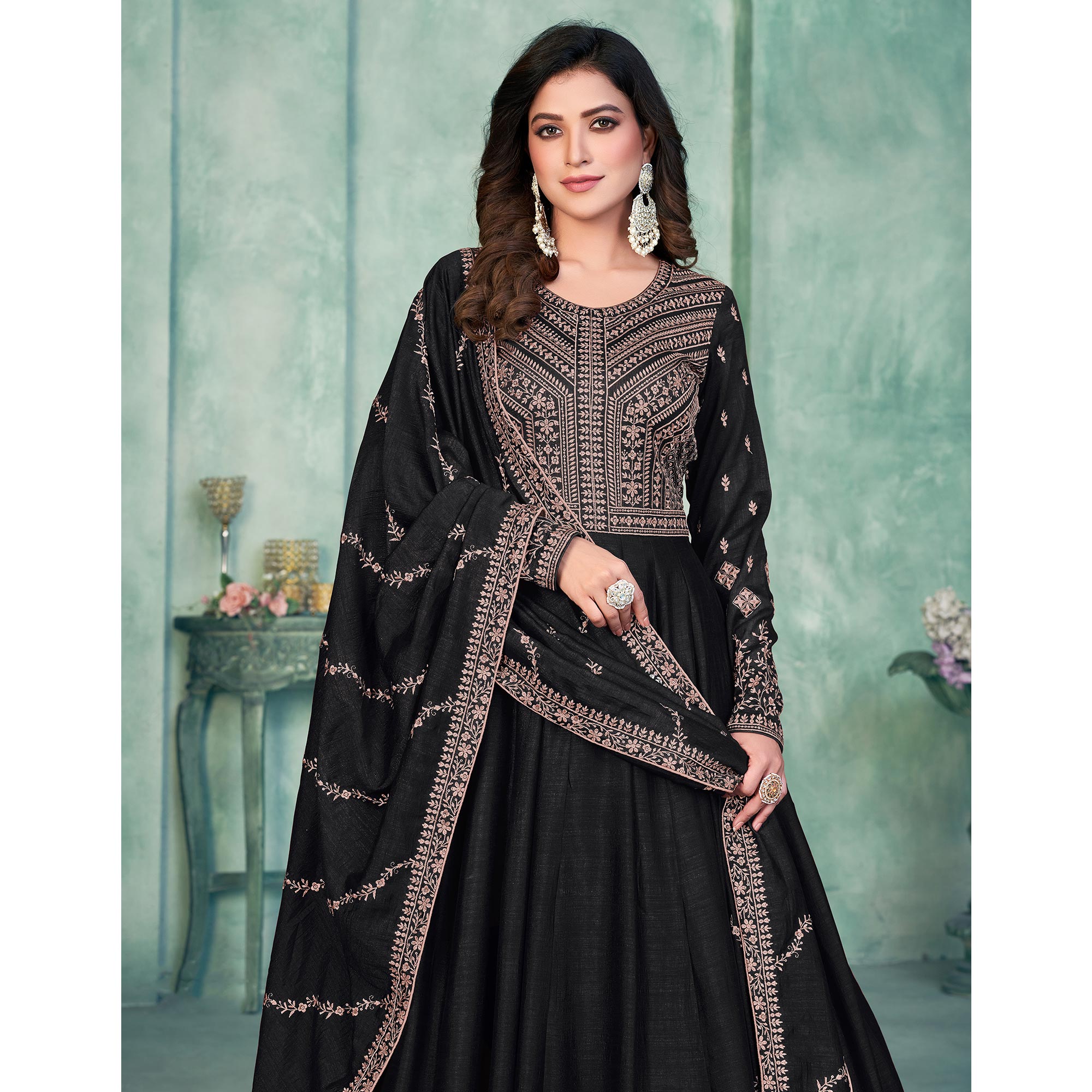 Black Embroidered Art Silk Semi Stitched Anarkali Suit