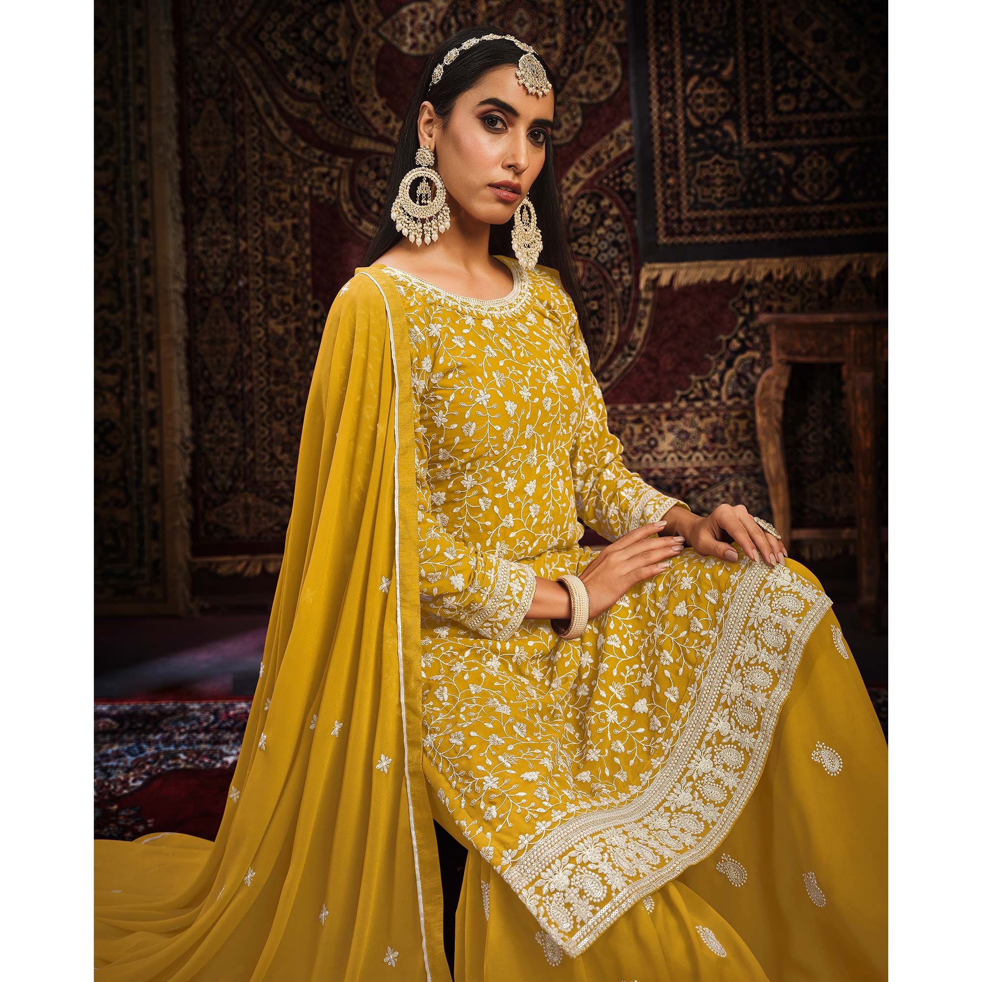 Mustard Floral Embroidered Georgette Unstitched Suit