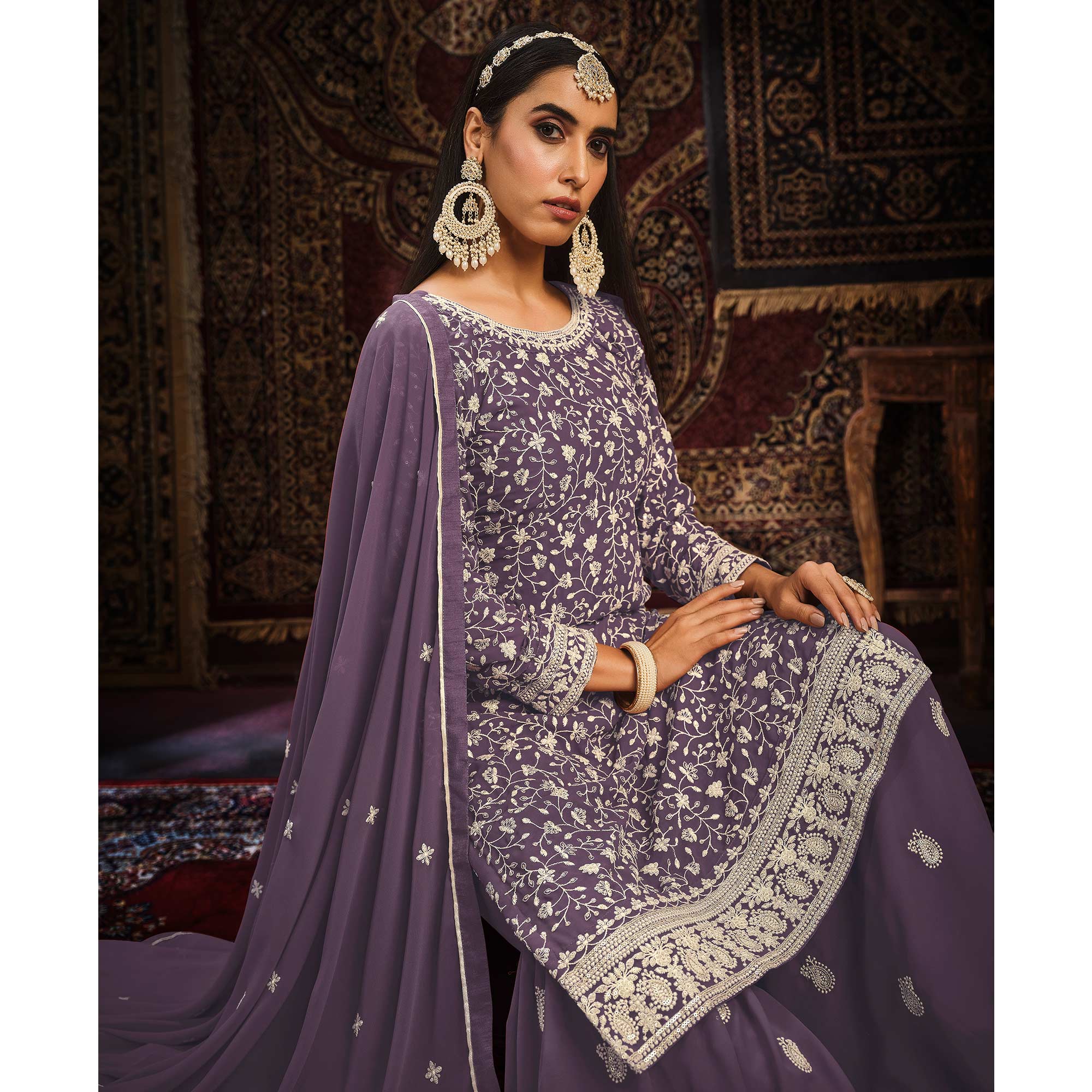 Purple Floral Embroidered Georgette Unstitched Suit