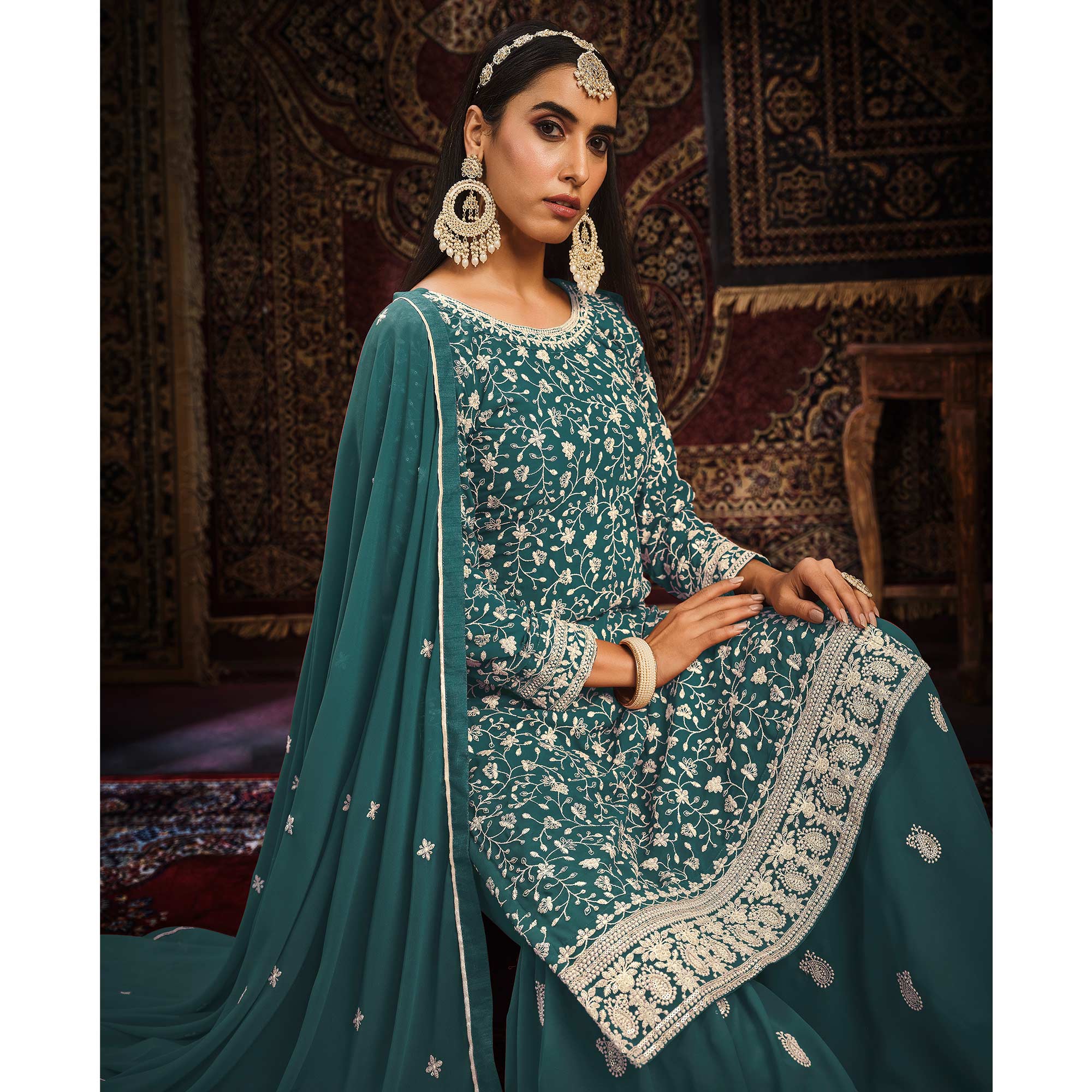 Teal Floral Embroidered Georgette Unstitched Suit