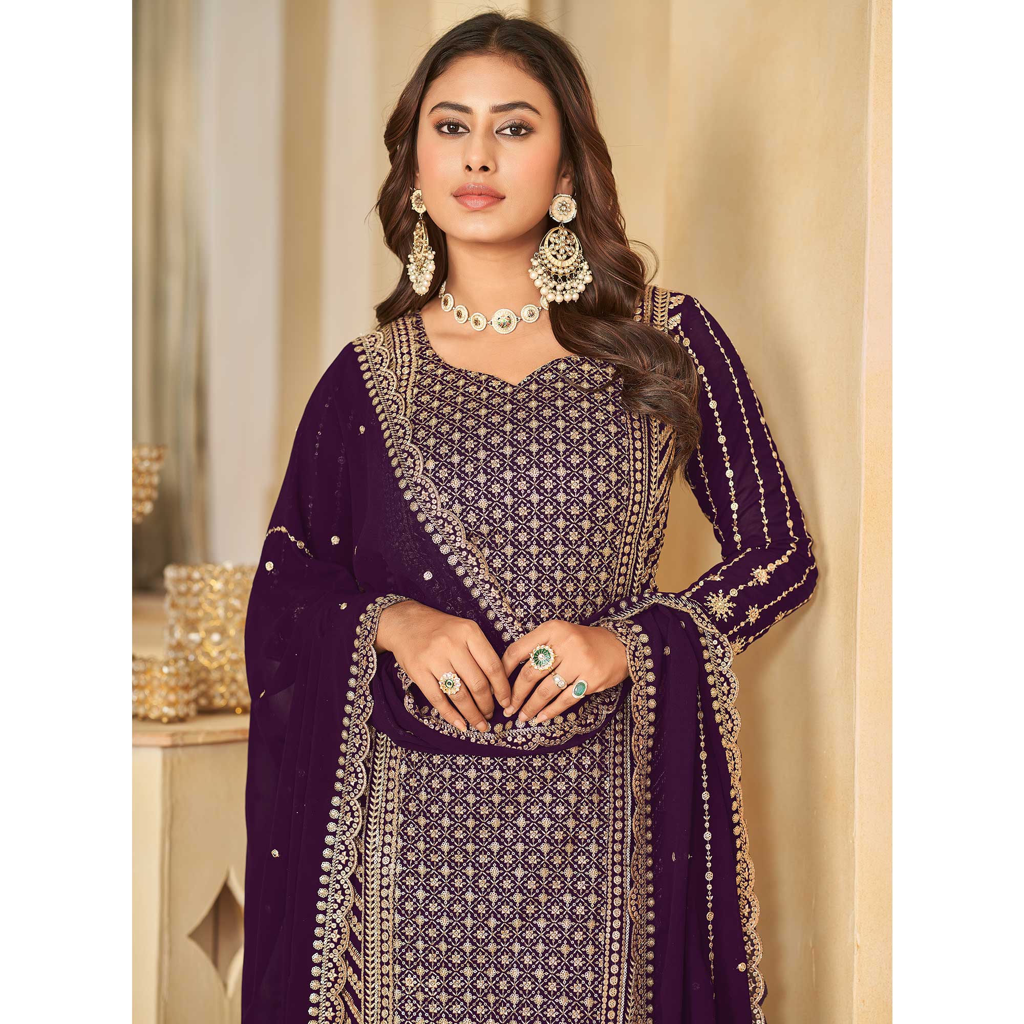 Purple Sequins Embroidered Georgette Semi Stithed Sharara Suit