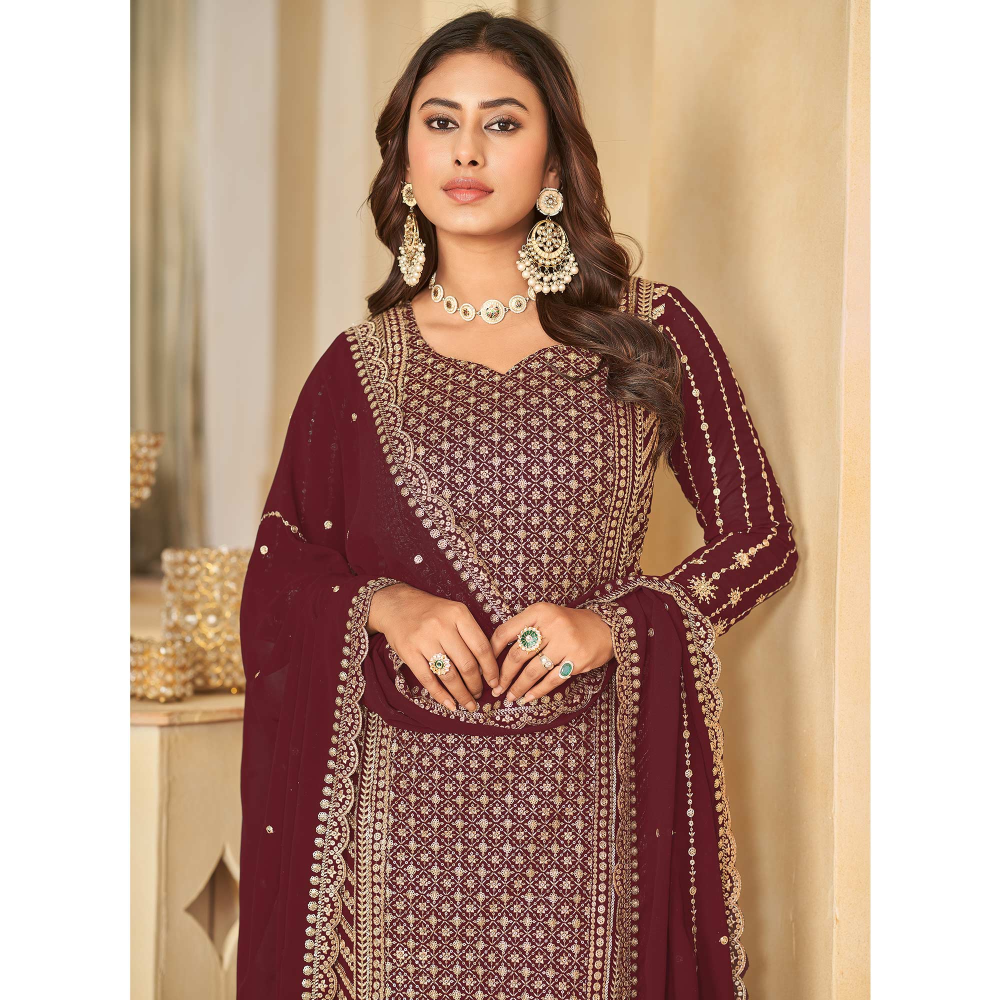 Maroon Sequins Embroidered Georgette Semi Stithed Sharara Suit