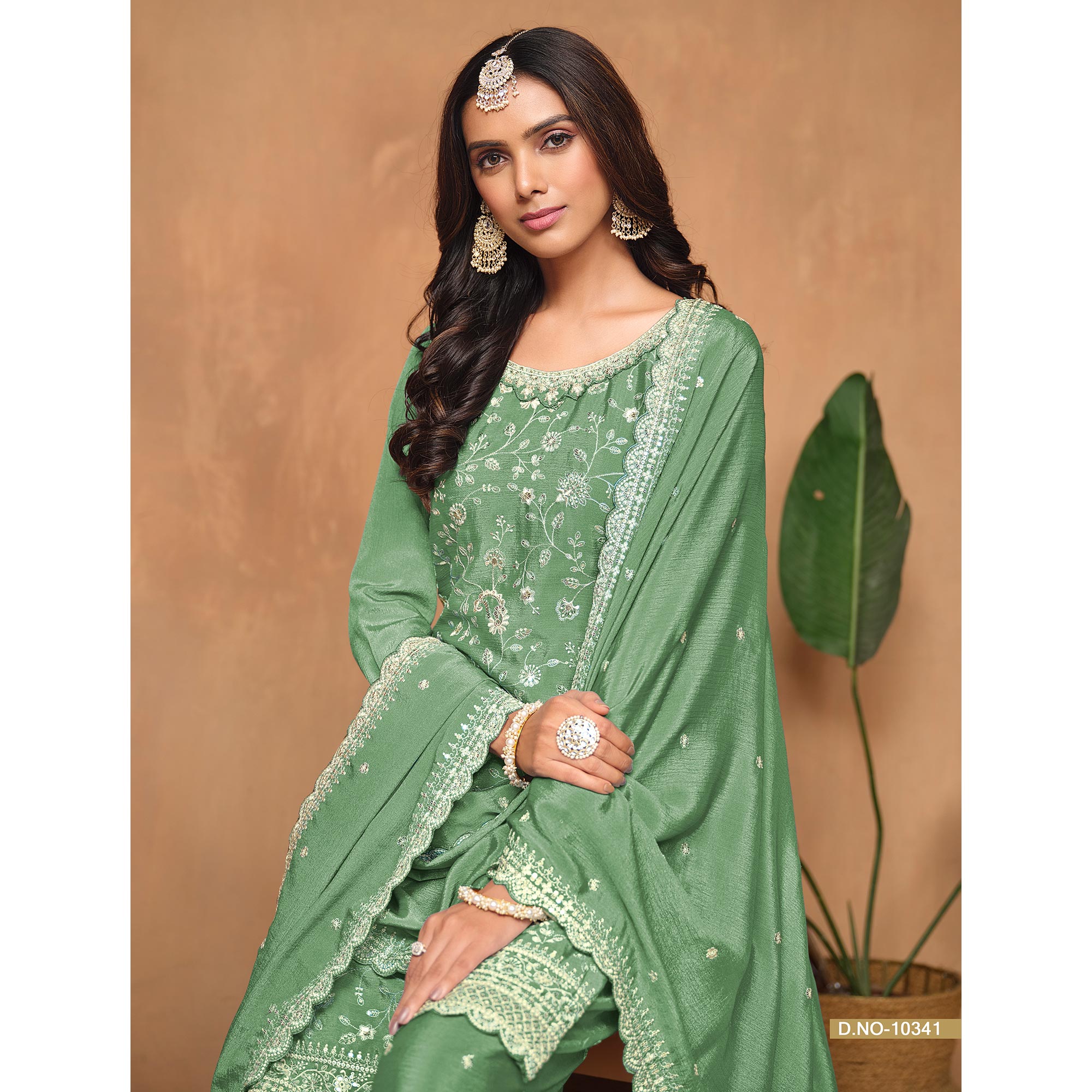 Green Floral Sequins Embroidered Chinon Semi Stitched Palazzo Suit