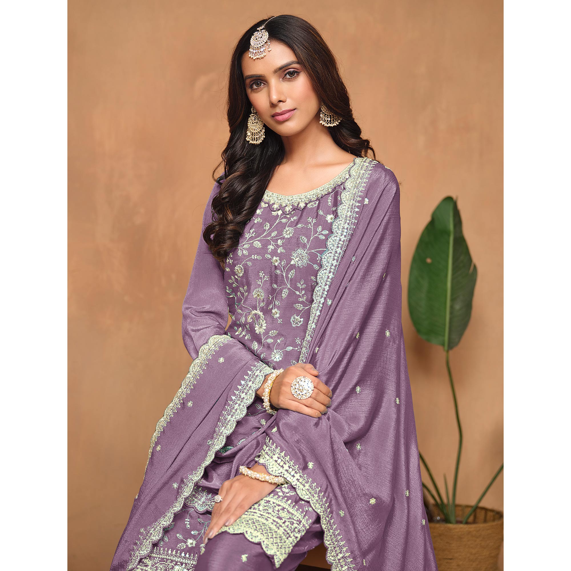 Purple Floral Sequins Embroidered Chinon Semi Stitched Palazzo Suit