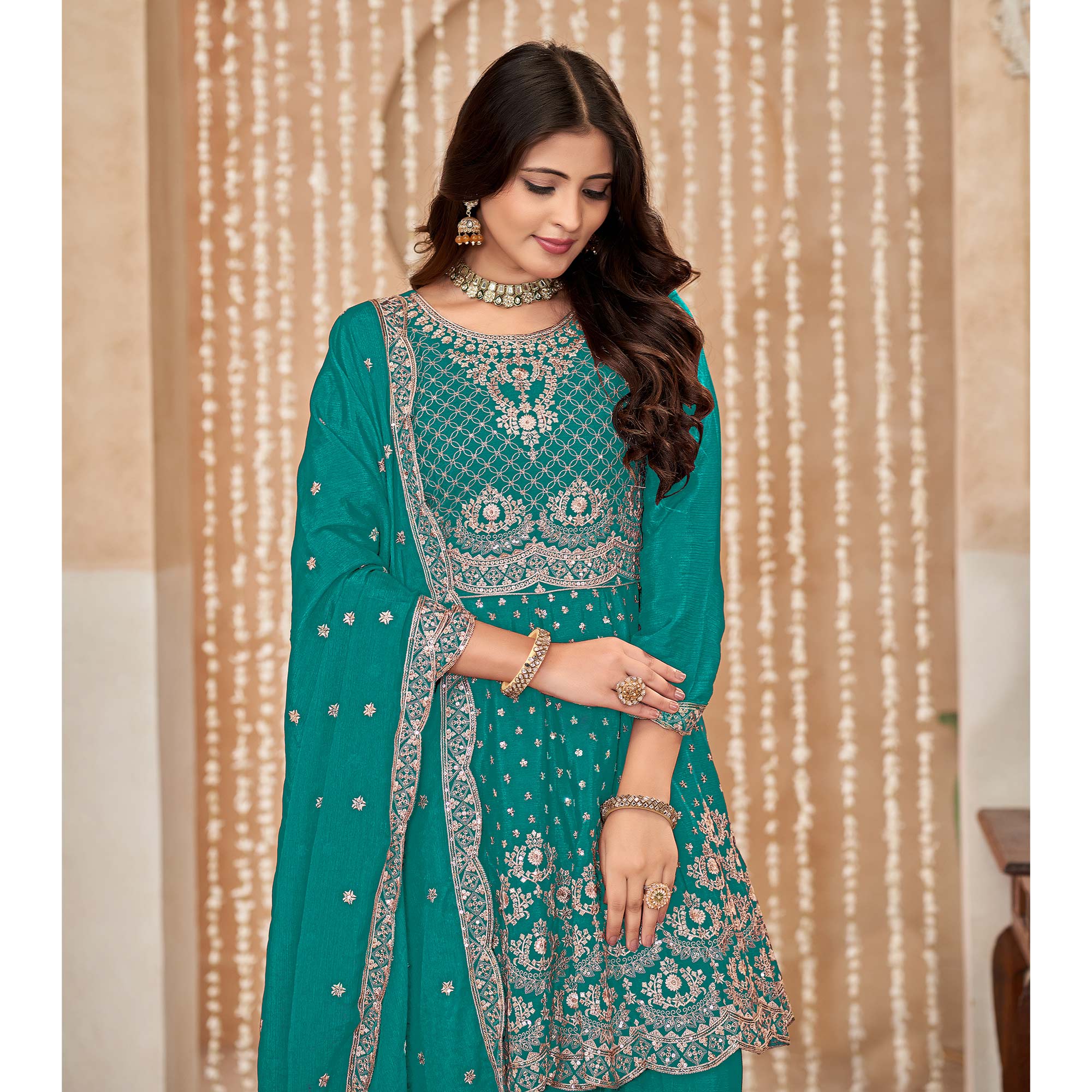 Rama Green Floral Sequins Embroidered Chinon Semi Stitched Sharara Suit