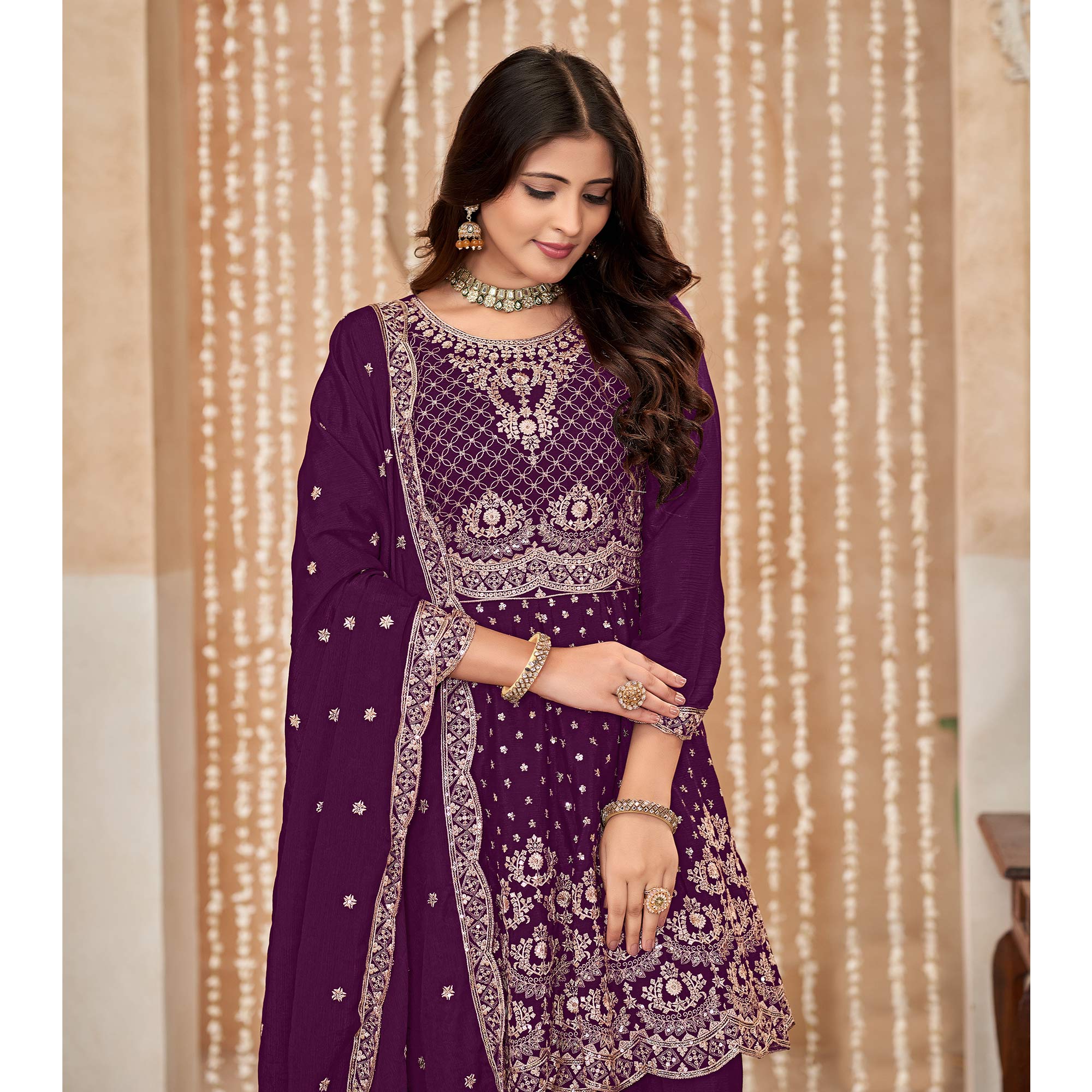 Purple Floral Sequins Embroidered Chinon Semi Stitched Sharara Suit