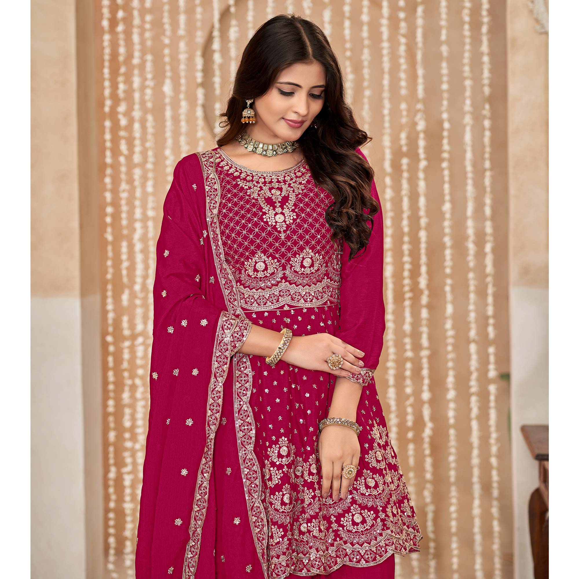 Rani Pink Floral Sequins Embroidered Chinon Semi Stitched Sharara Suit