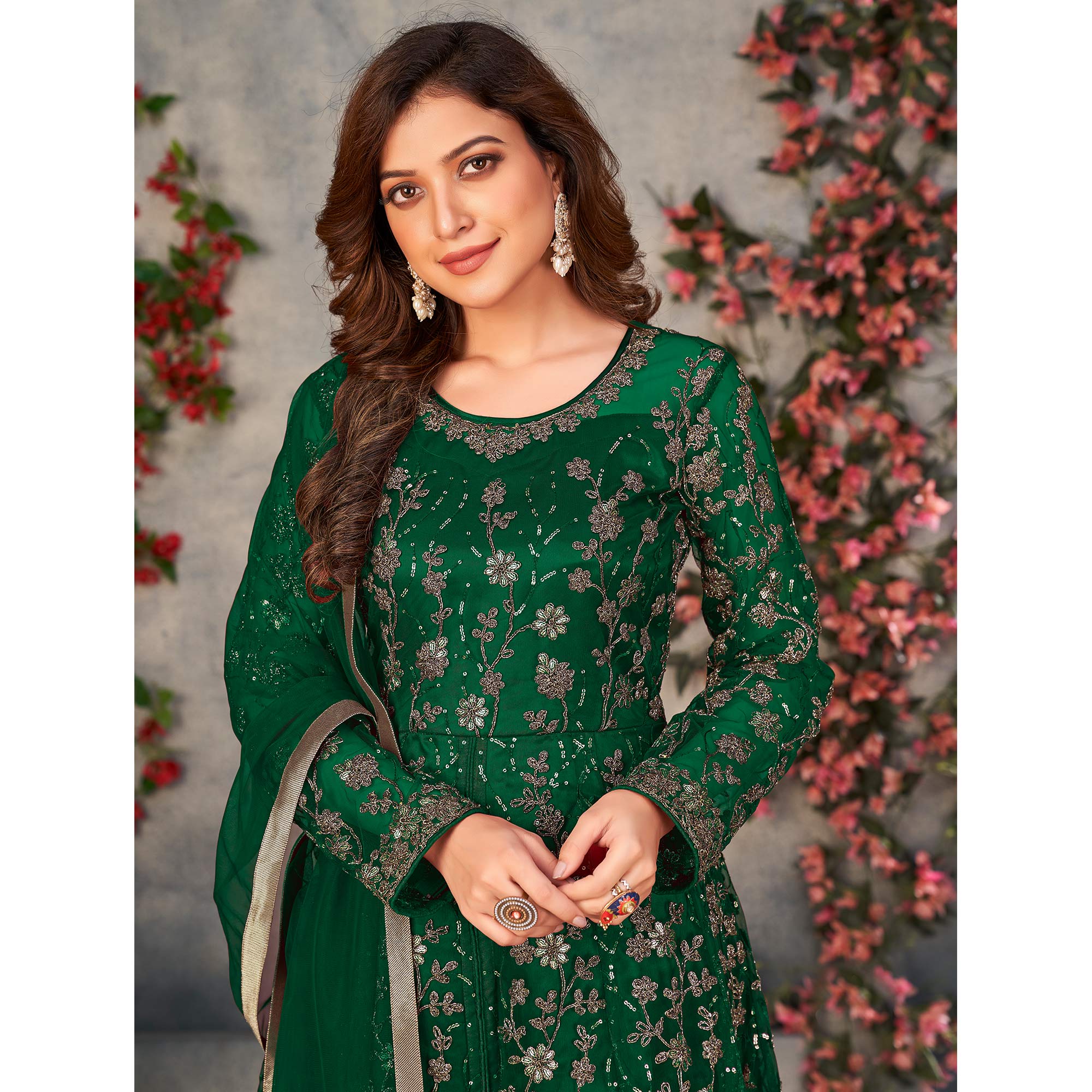 Green Embroidered Net Semi Stitched Anarkali Style Suit