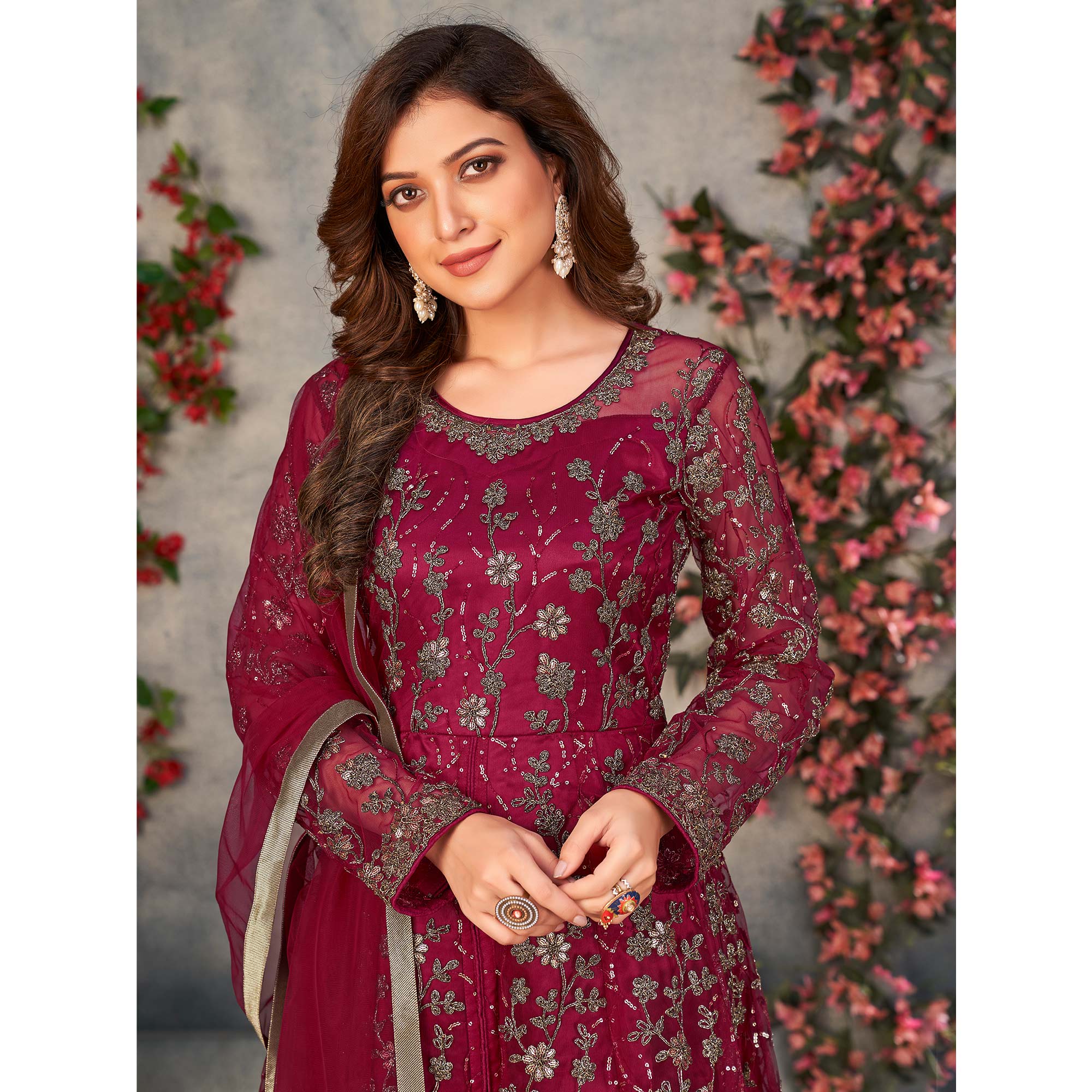 Pink Embroidered Net Semi Stitched Anarkali Style Suit