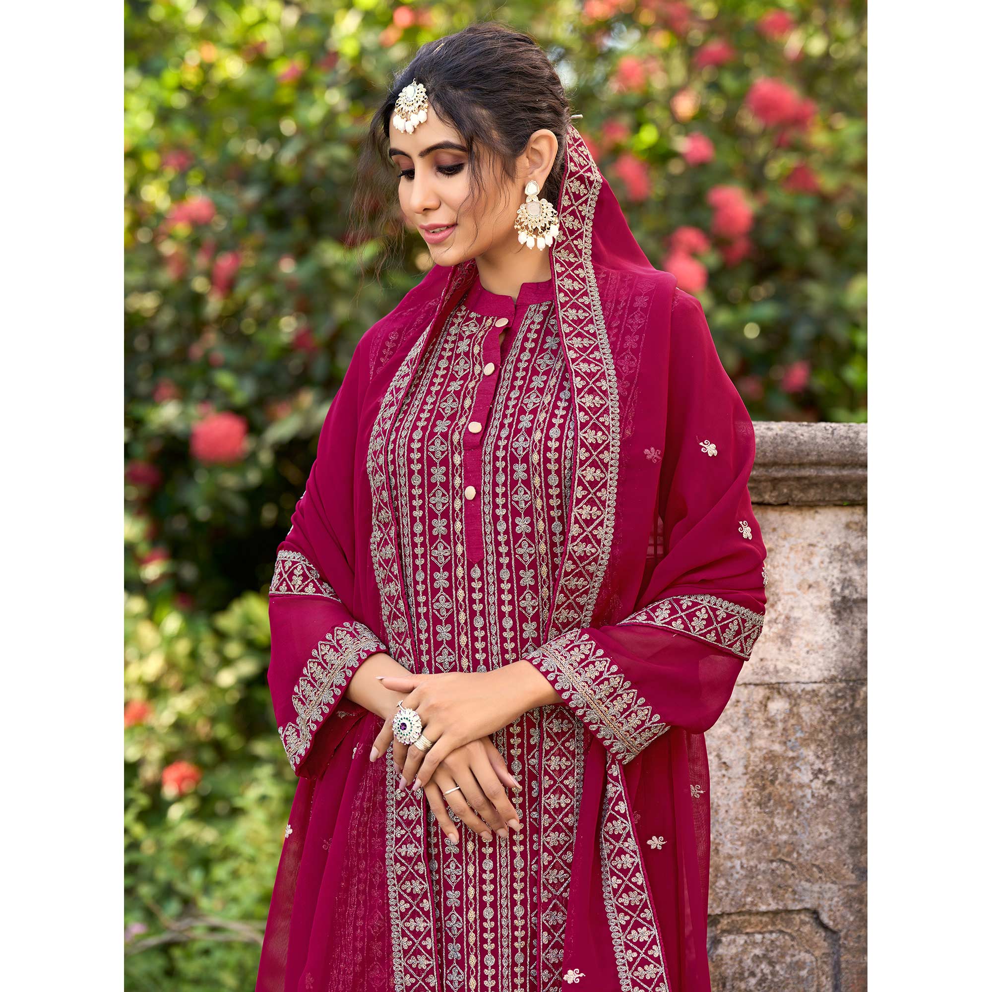 Pink Floral Embroidered Art Silk Suit