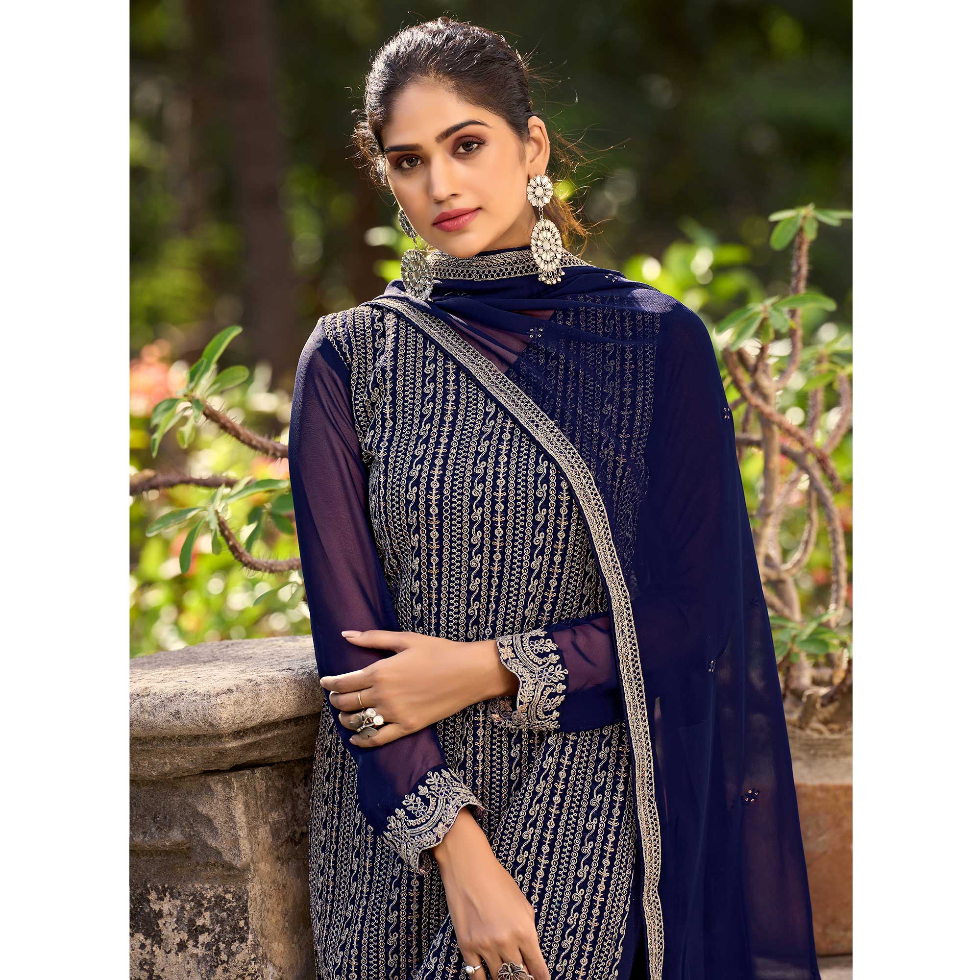 Navy Blue Floral Embroidered Art Silk Suit