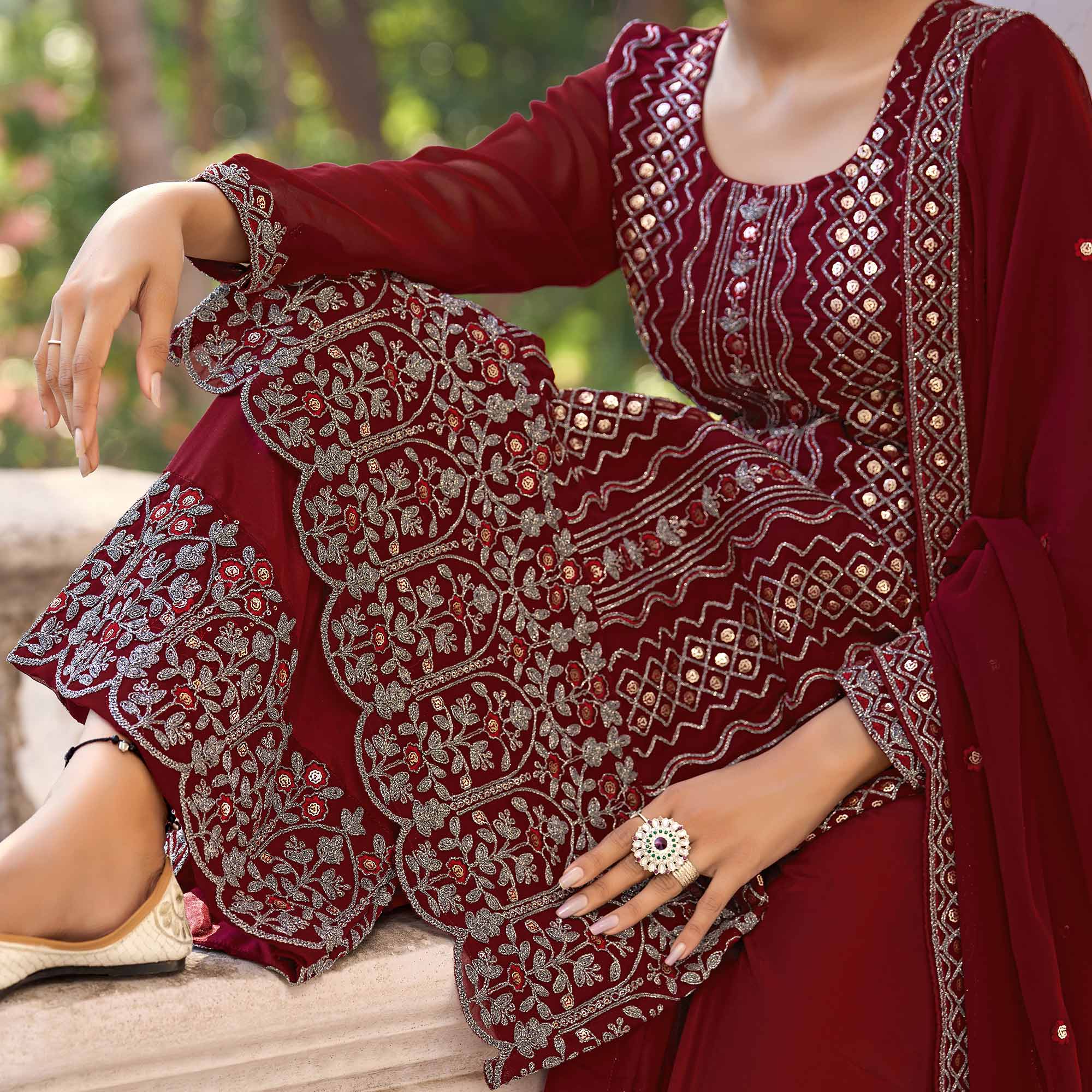 Maroon Floral Embroidered Art Silk Suit