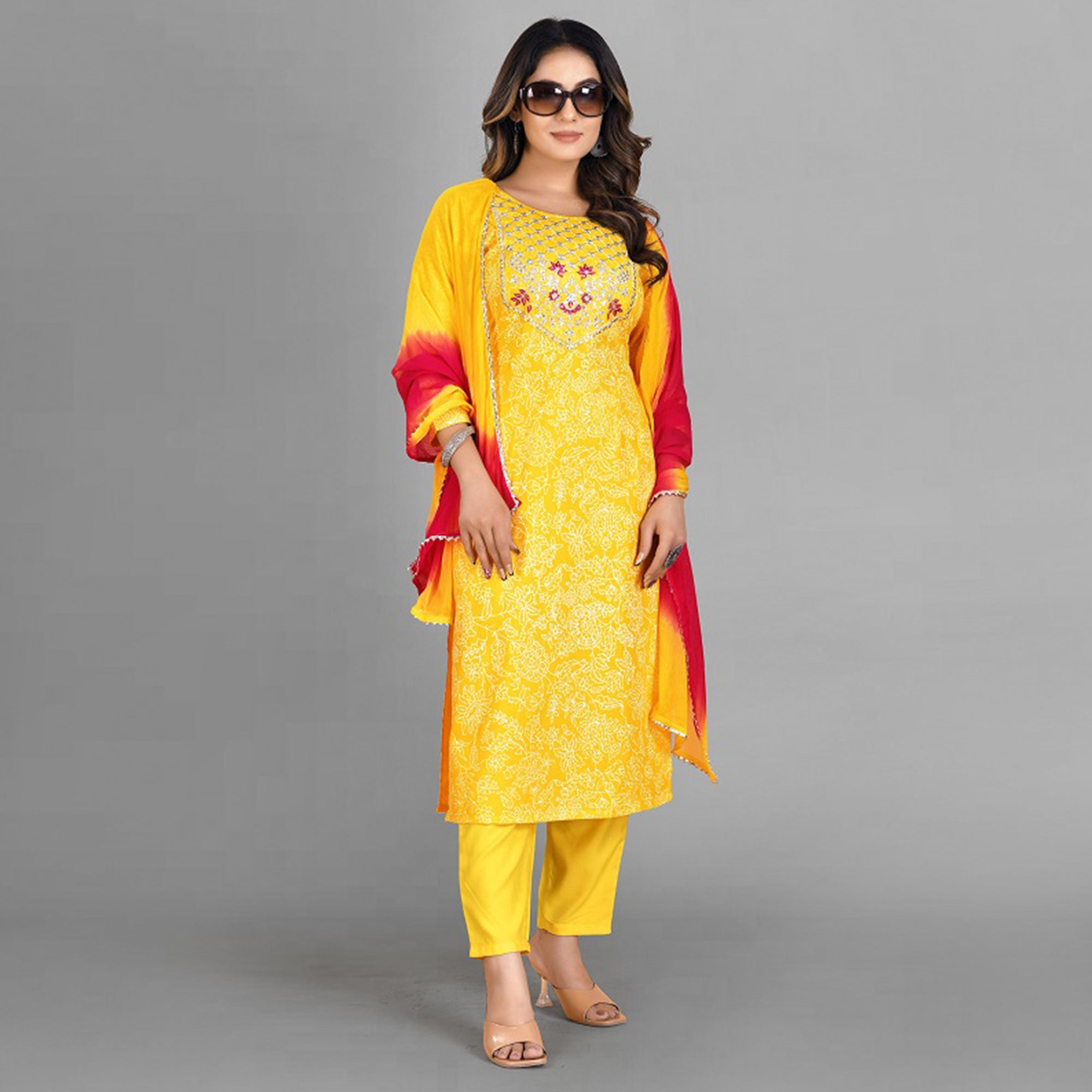 Yellow Embroidered Rayon Silk Kurti Set