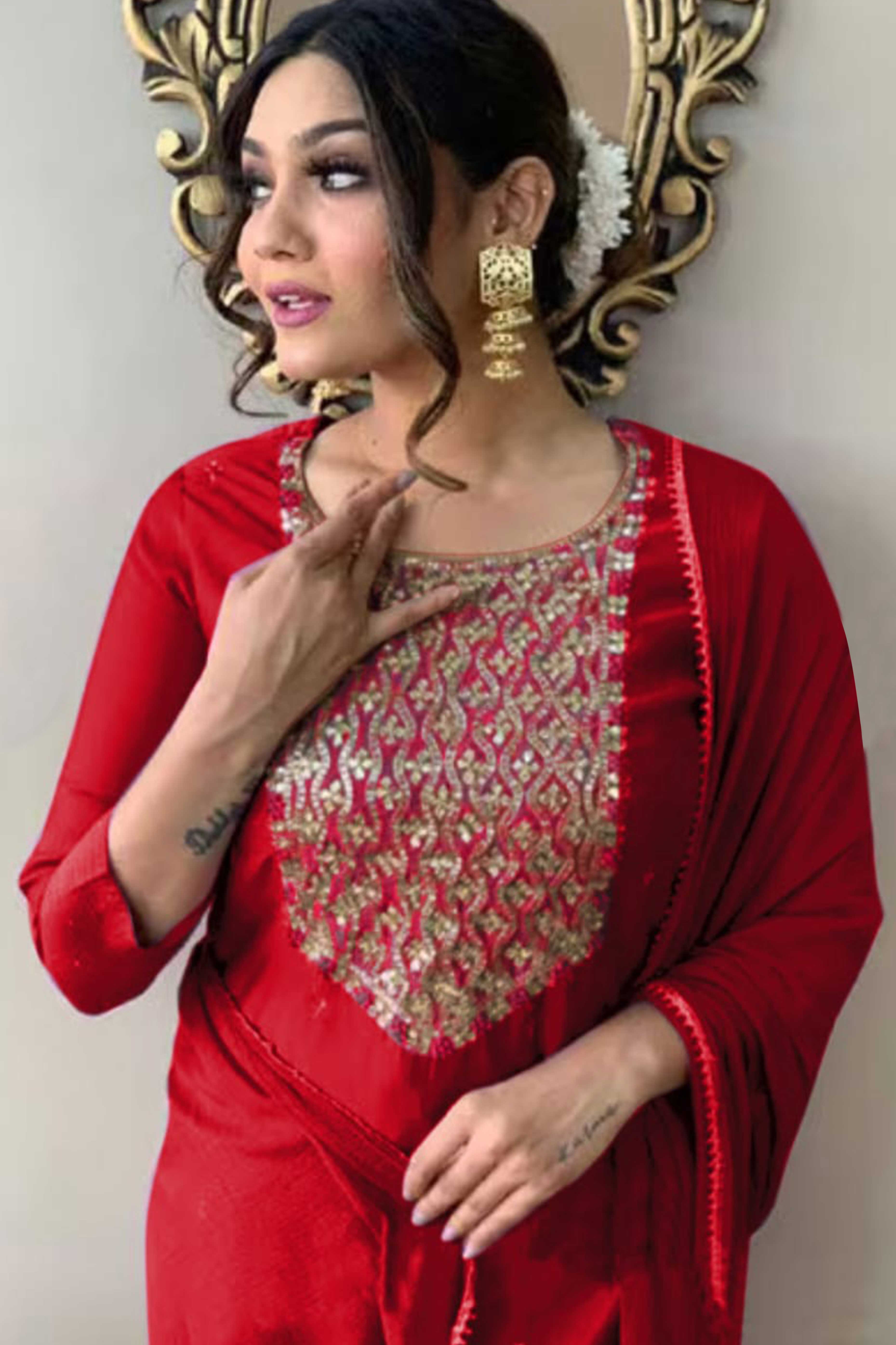 Red Sequins Embroidered Rayon Salwar Suit