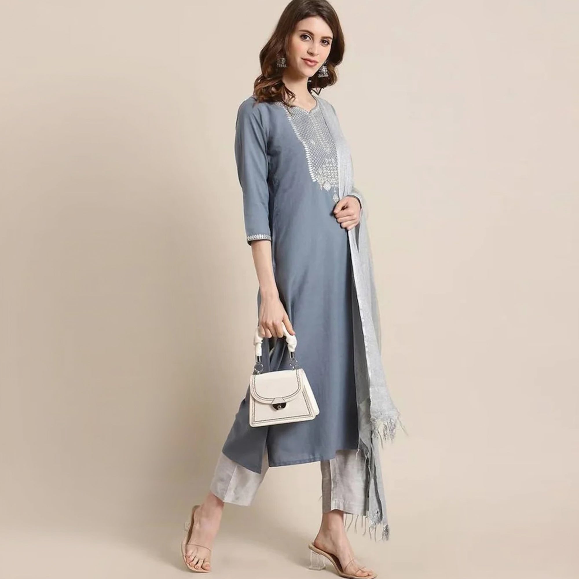 Grey Embroidered Rayon Silk Kurti Set