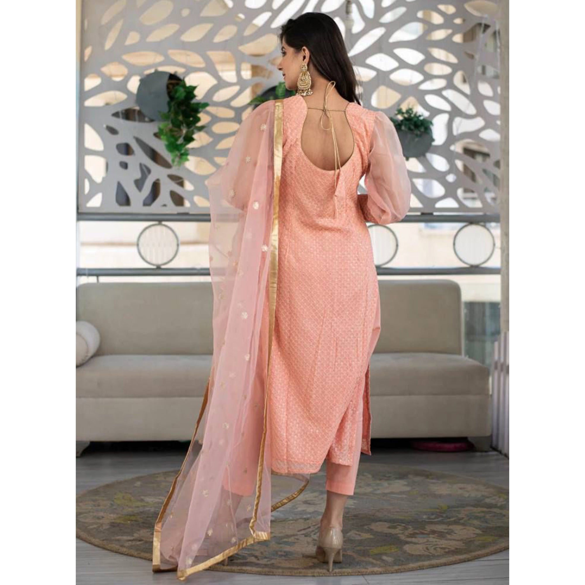 Peach Embroidered Rayon Silk Suit