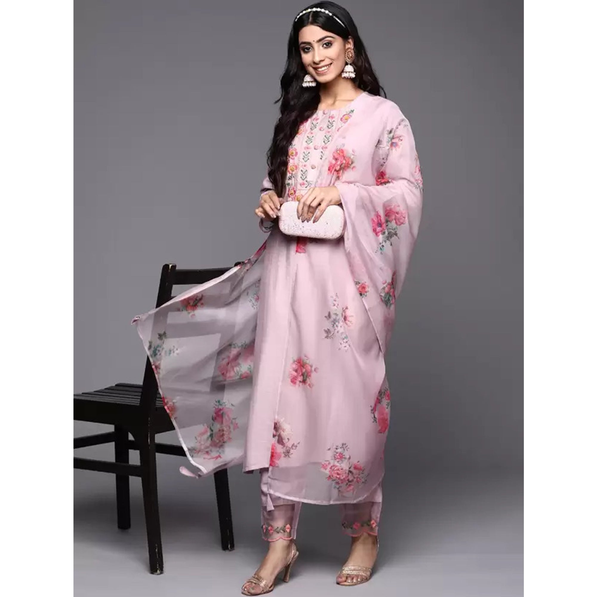 Pink Floral Embroidered Viscose Suit
