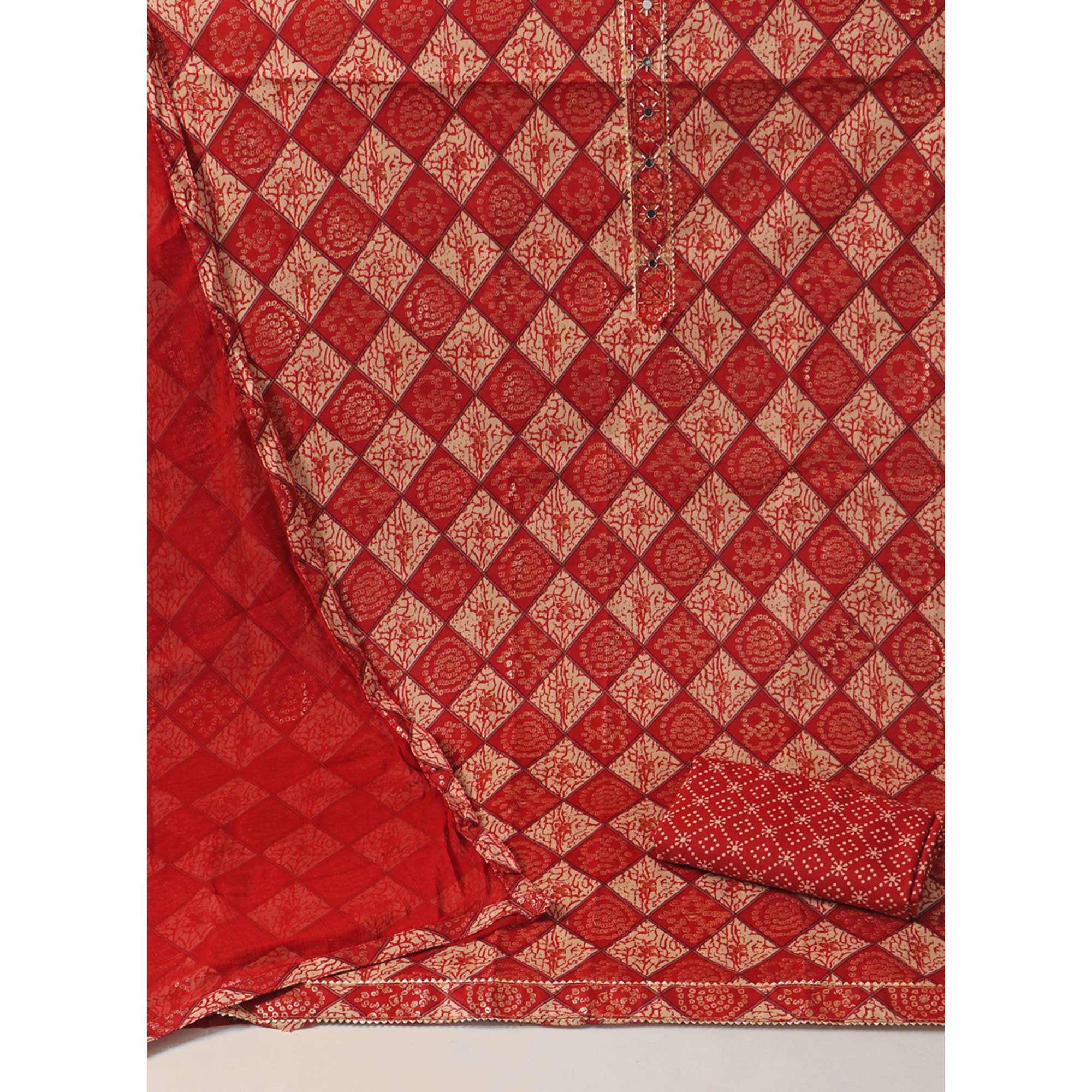 Red Foil Printed With Handwork Pure Cotton Dress Material