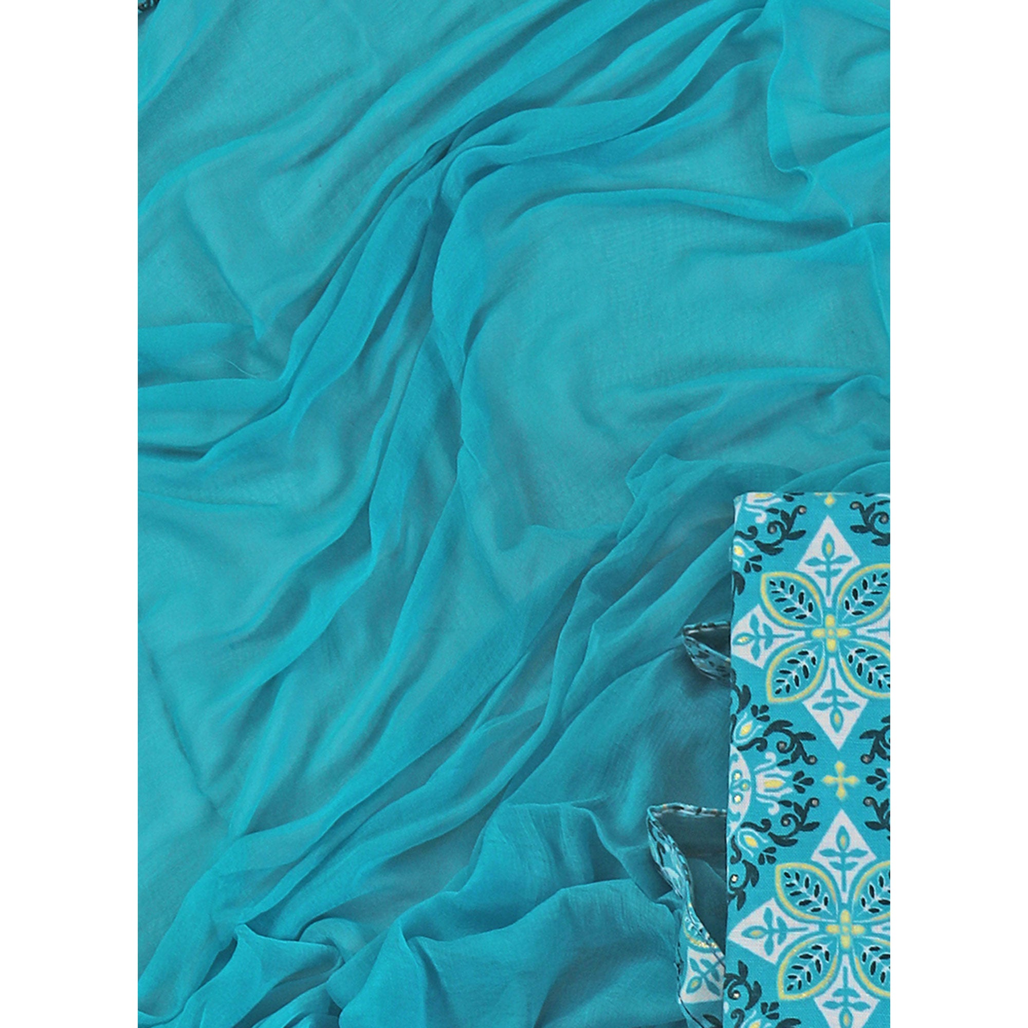 Blue Floral Foil Printed With Handwork Pure Cotton Dress Material