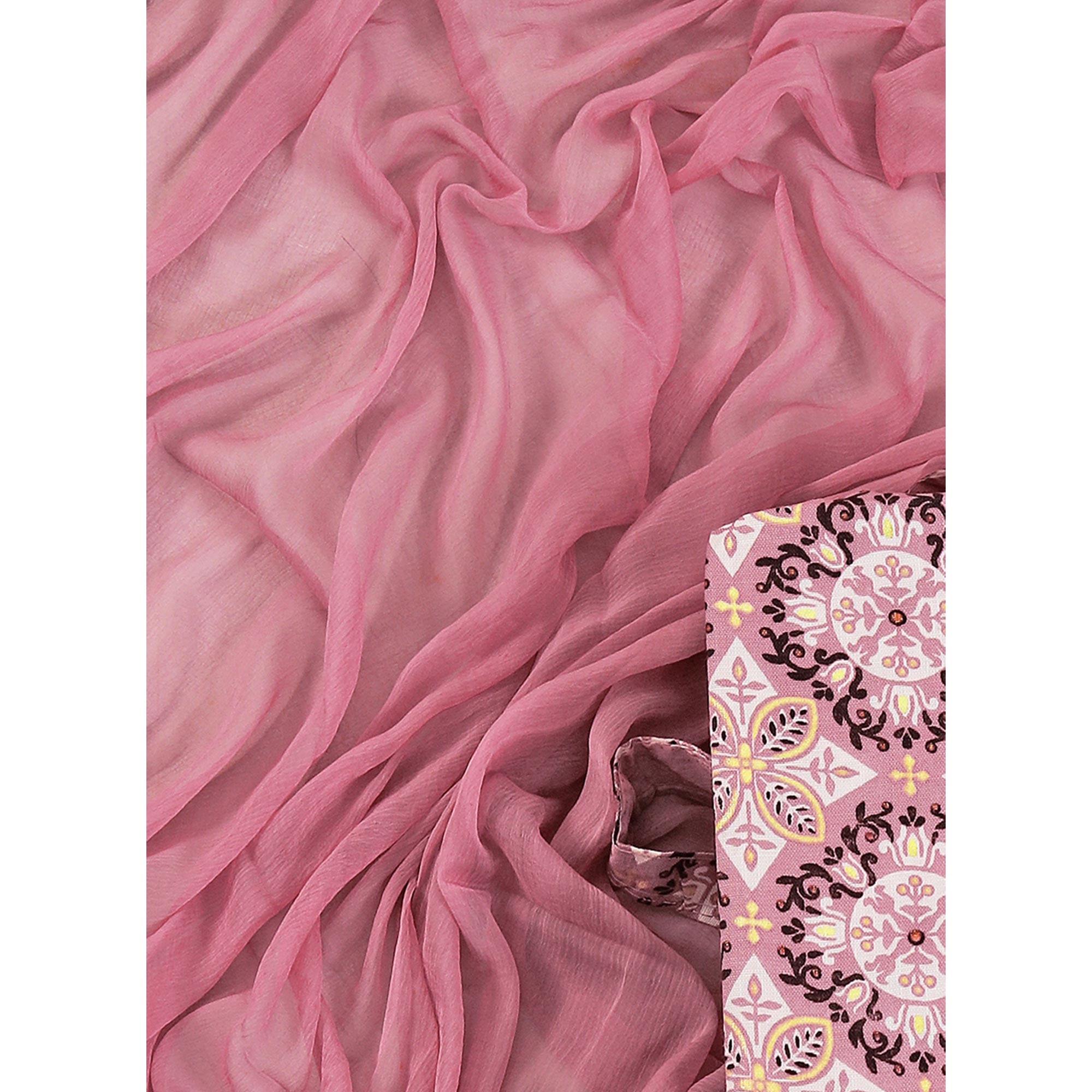 Pink Floral Foil Printed With Handwork Pure Cotton Dress Material