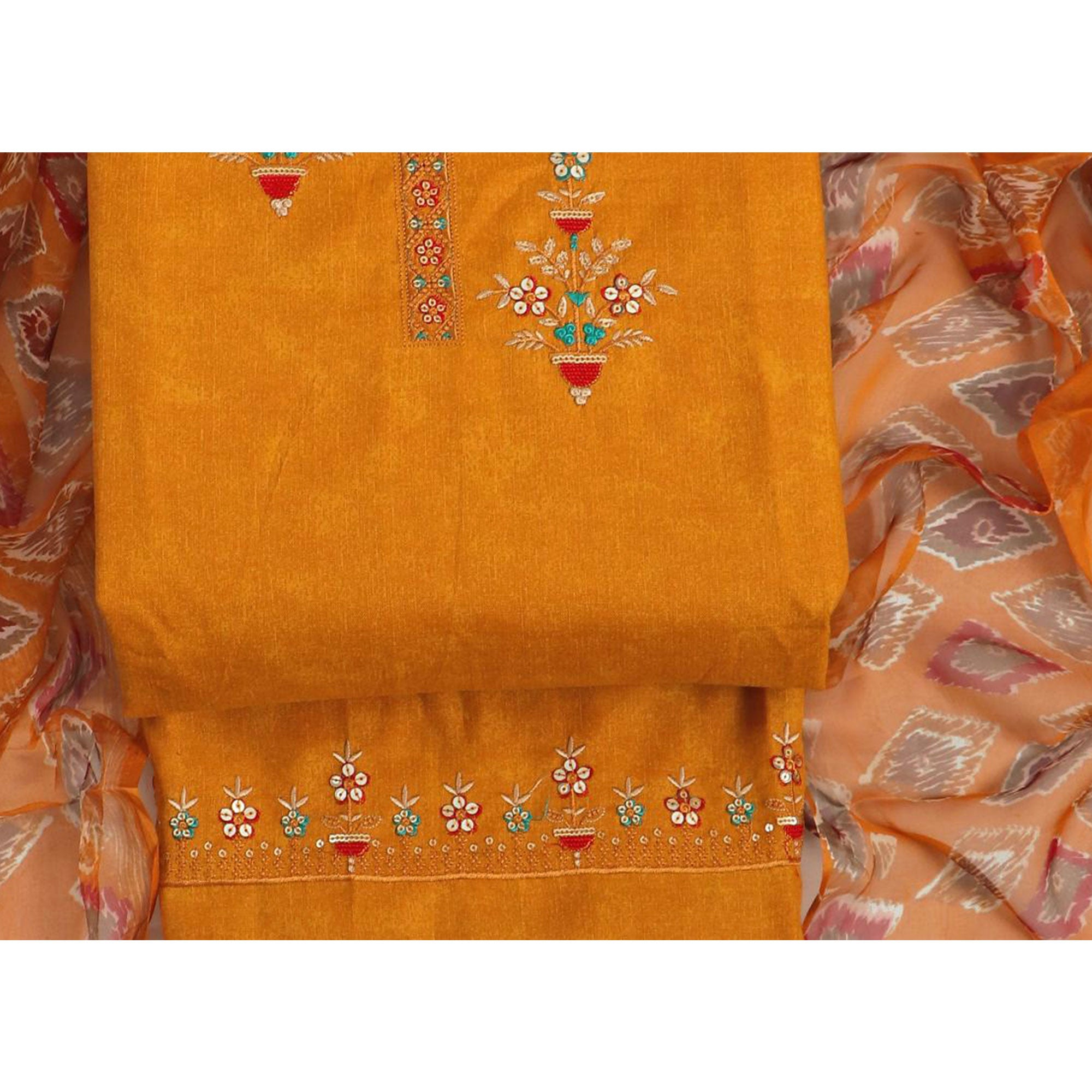 Mustard Floral Sequins Embroidered Pure Cotton Dress Material