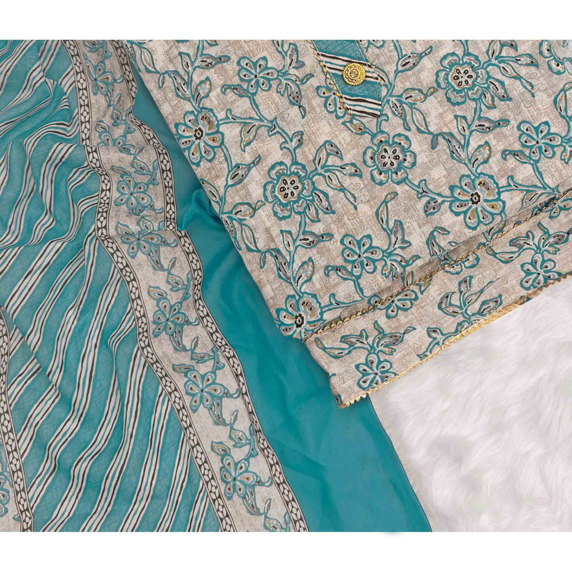 Charming Blue Floral Printed Cotton Blend Dress Material Featuring Intricate Lace Border