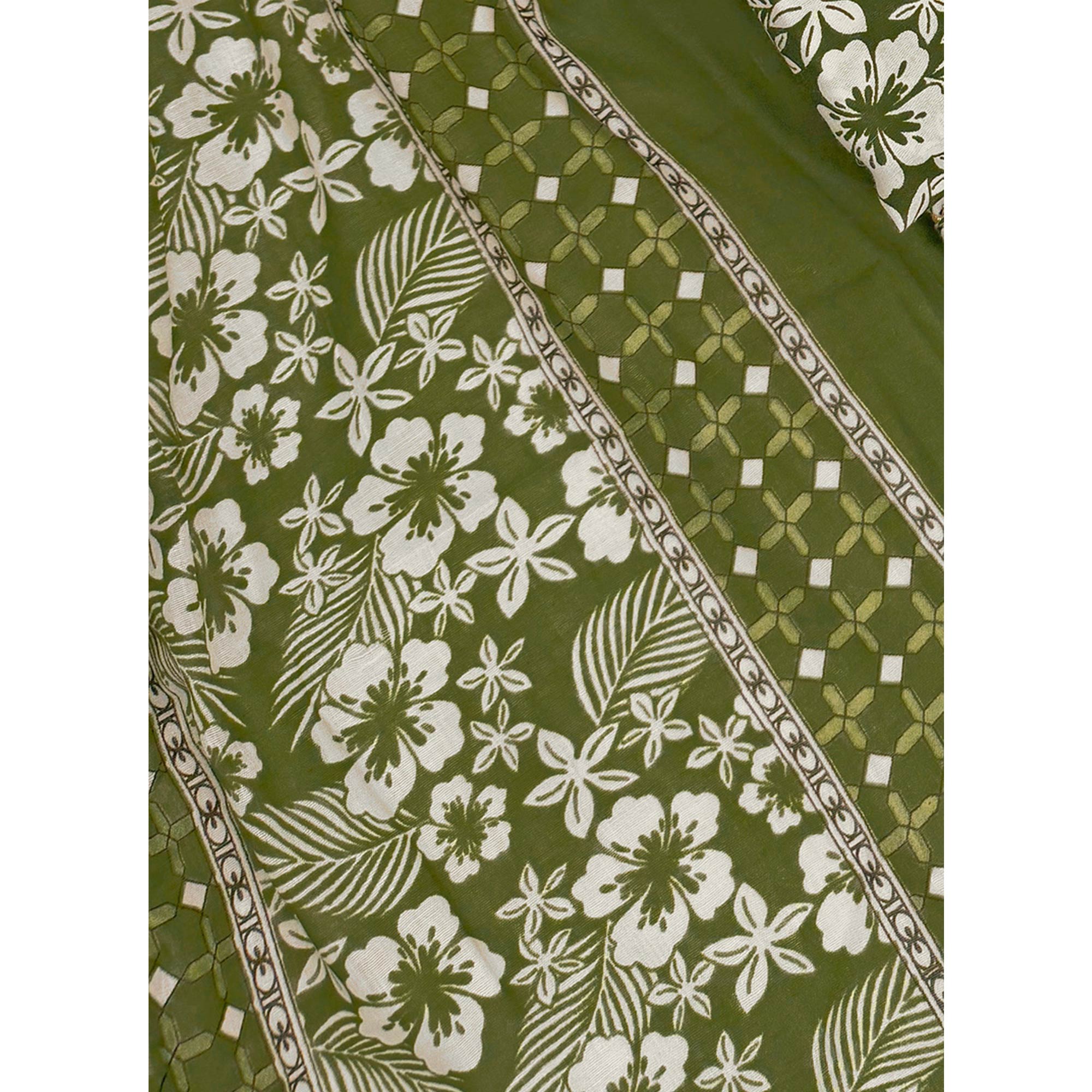 Graceful Green Floral Printed Cotton Blend Dress Material With Lace Border